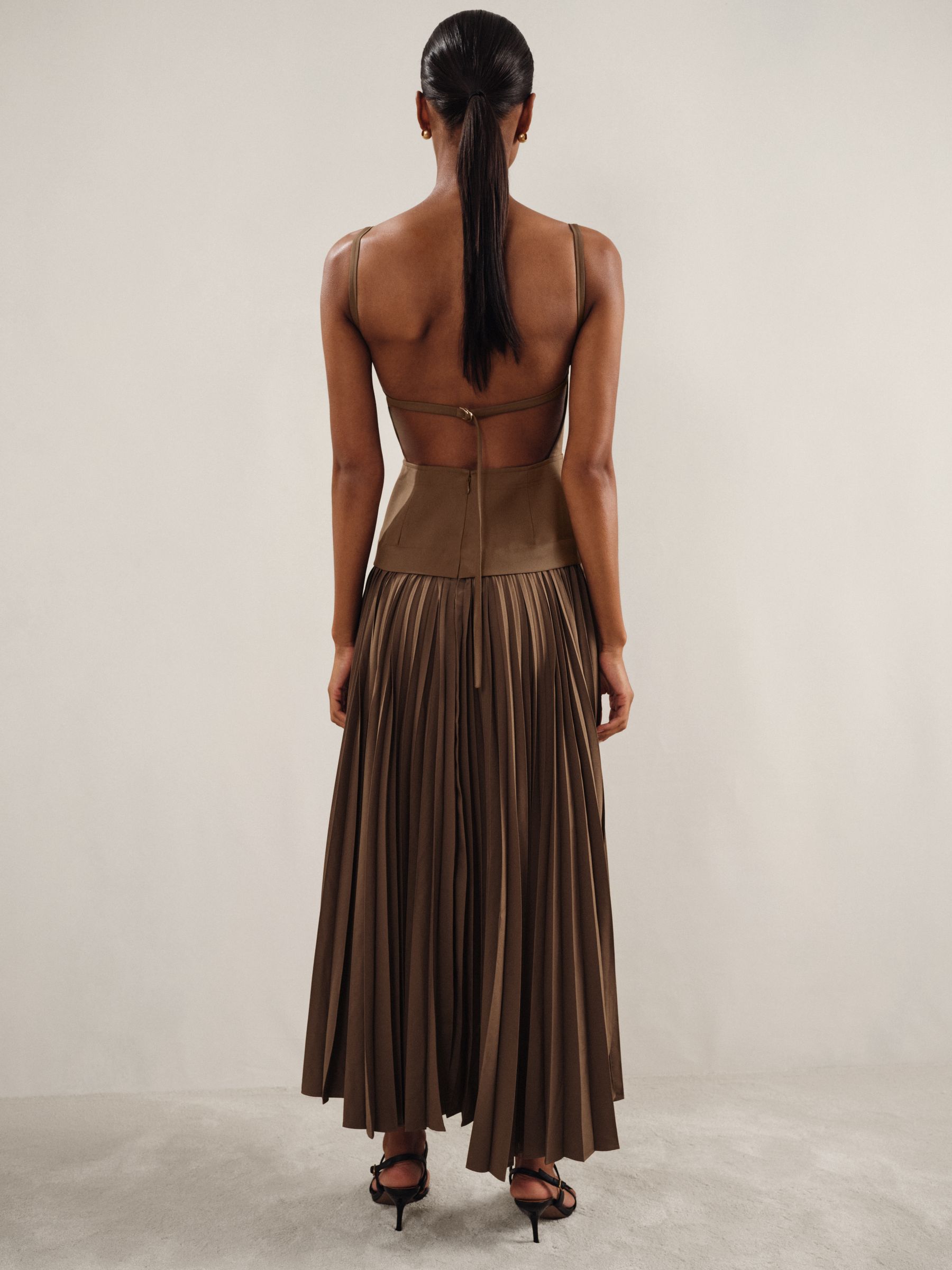 Acler Linen Blend Pleated Midi Brown Dress in Brown - Image 4 of 6