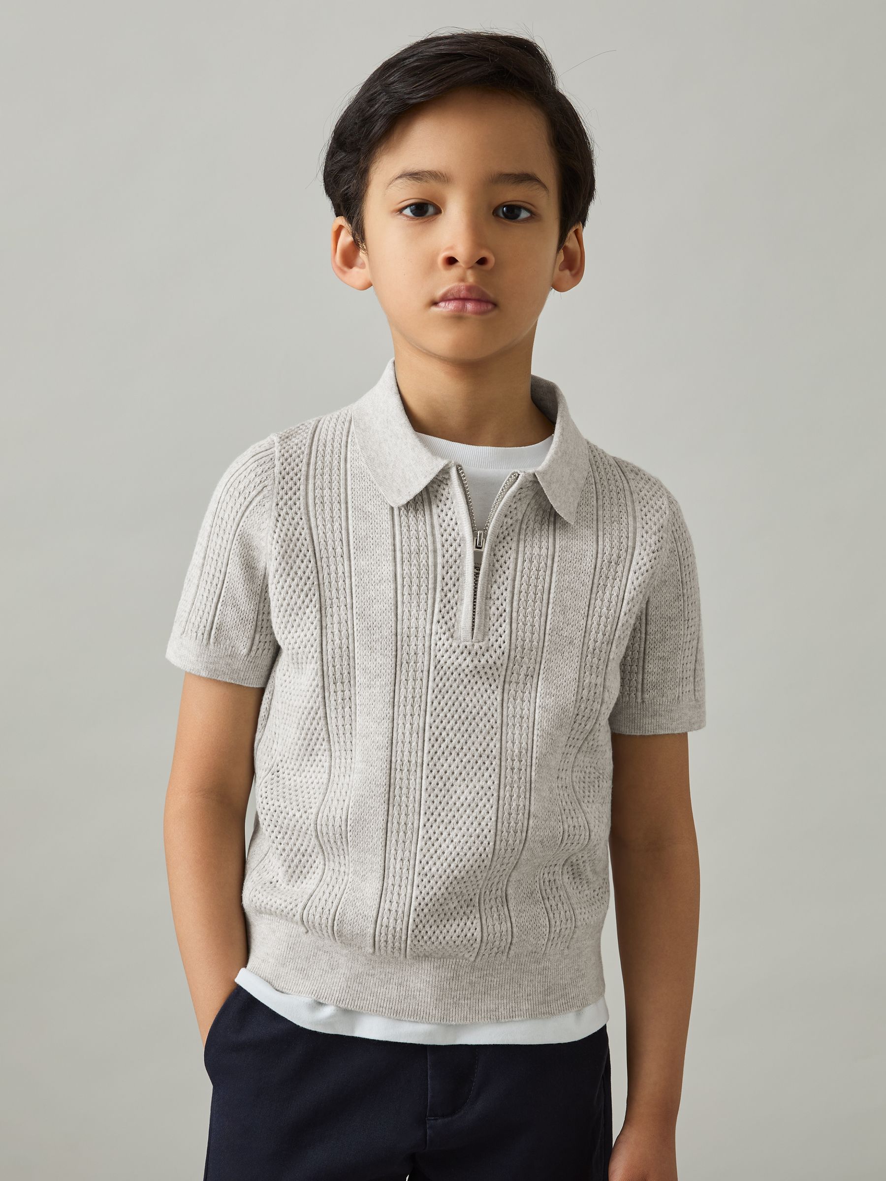 9-13 yrs Textured-Knit Half-Zip Polo Shirt in Grey Melange - Image 1 of 4