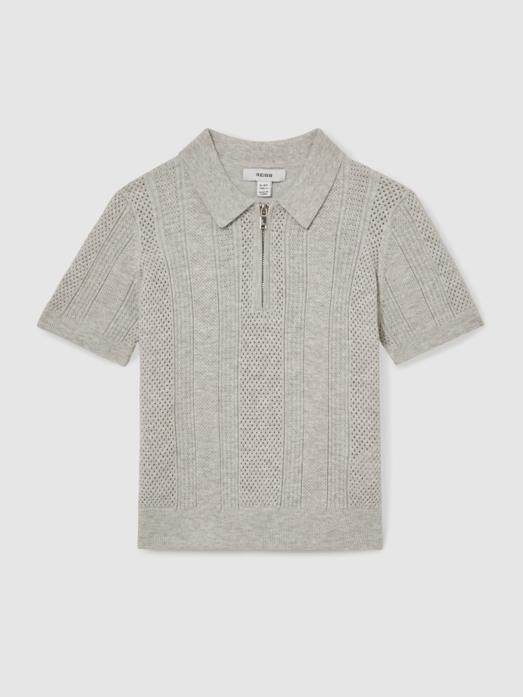 9-13 yrs Textured-Knit Half-Zip Polo Shirt in Grey Melange - Image 2 of 4