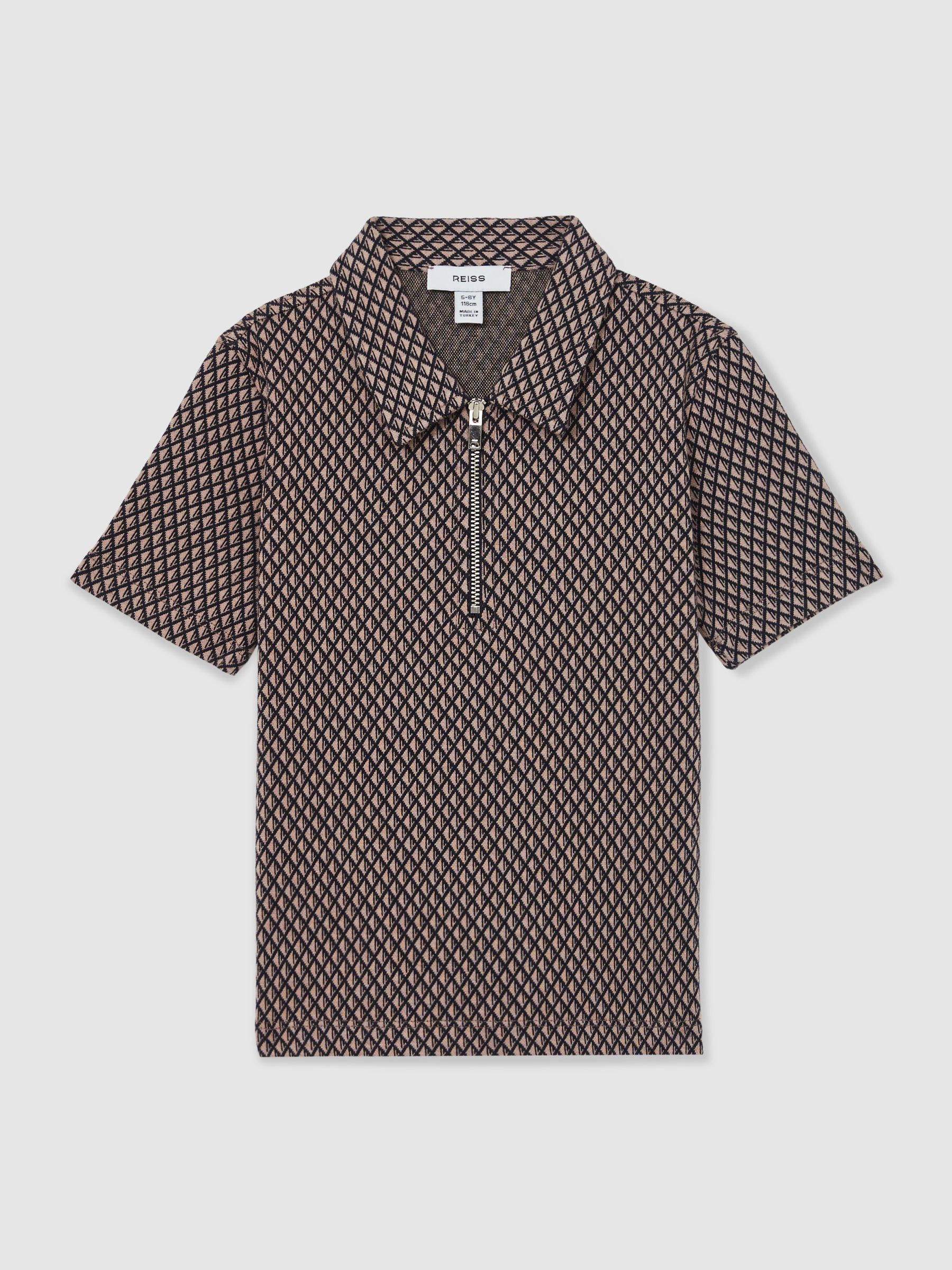 3-9 yrs Geometric Jacquard Polo Shirt in Tobacco Brown/Navy - Image 2 of 4