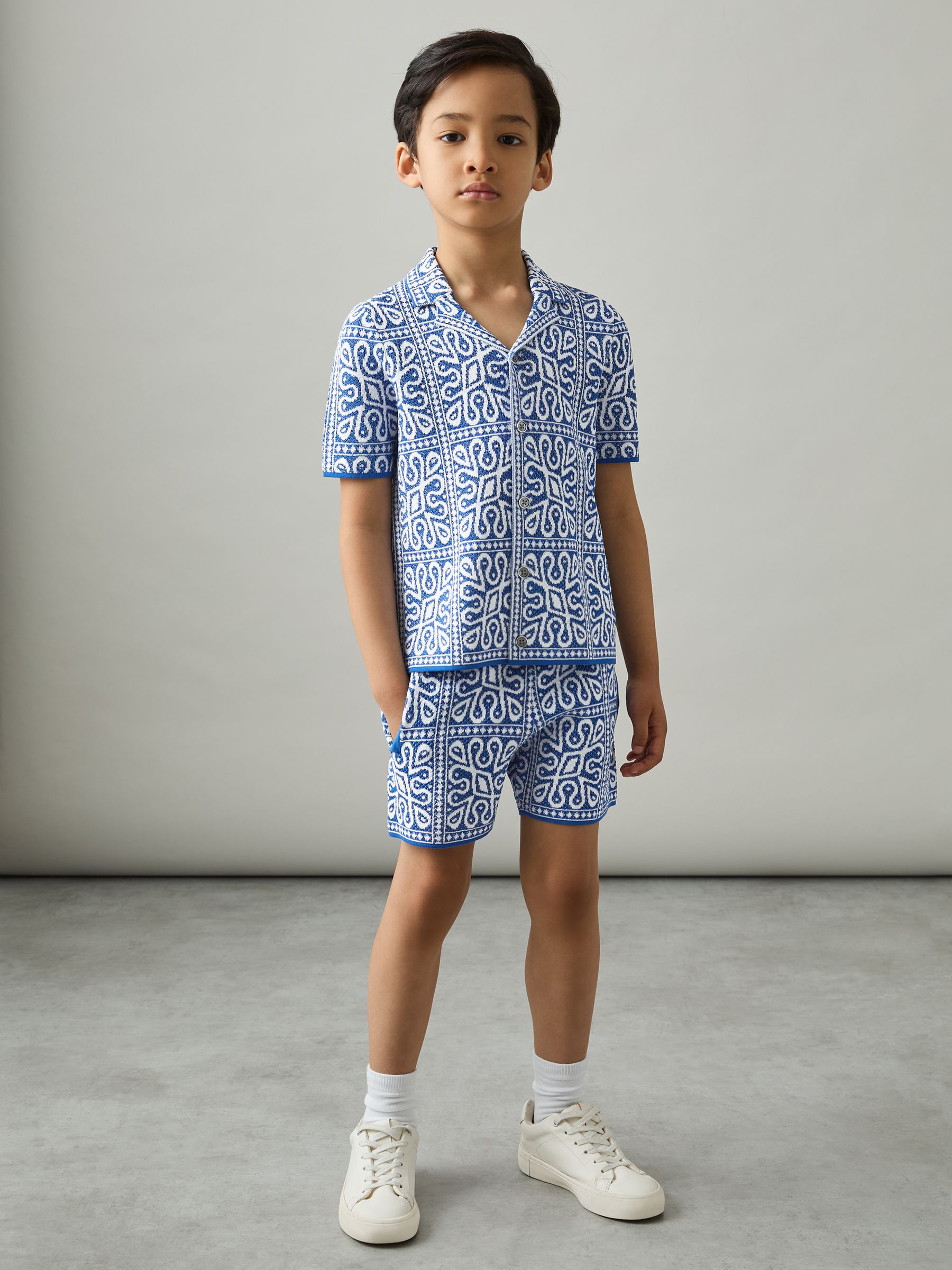 13-14 yrs Tile Pattern Knit Shorts in Blue/White - Image 3 of 4