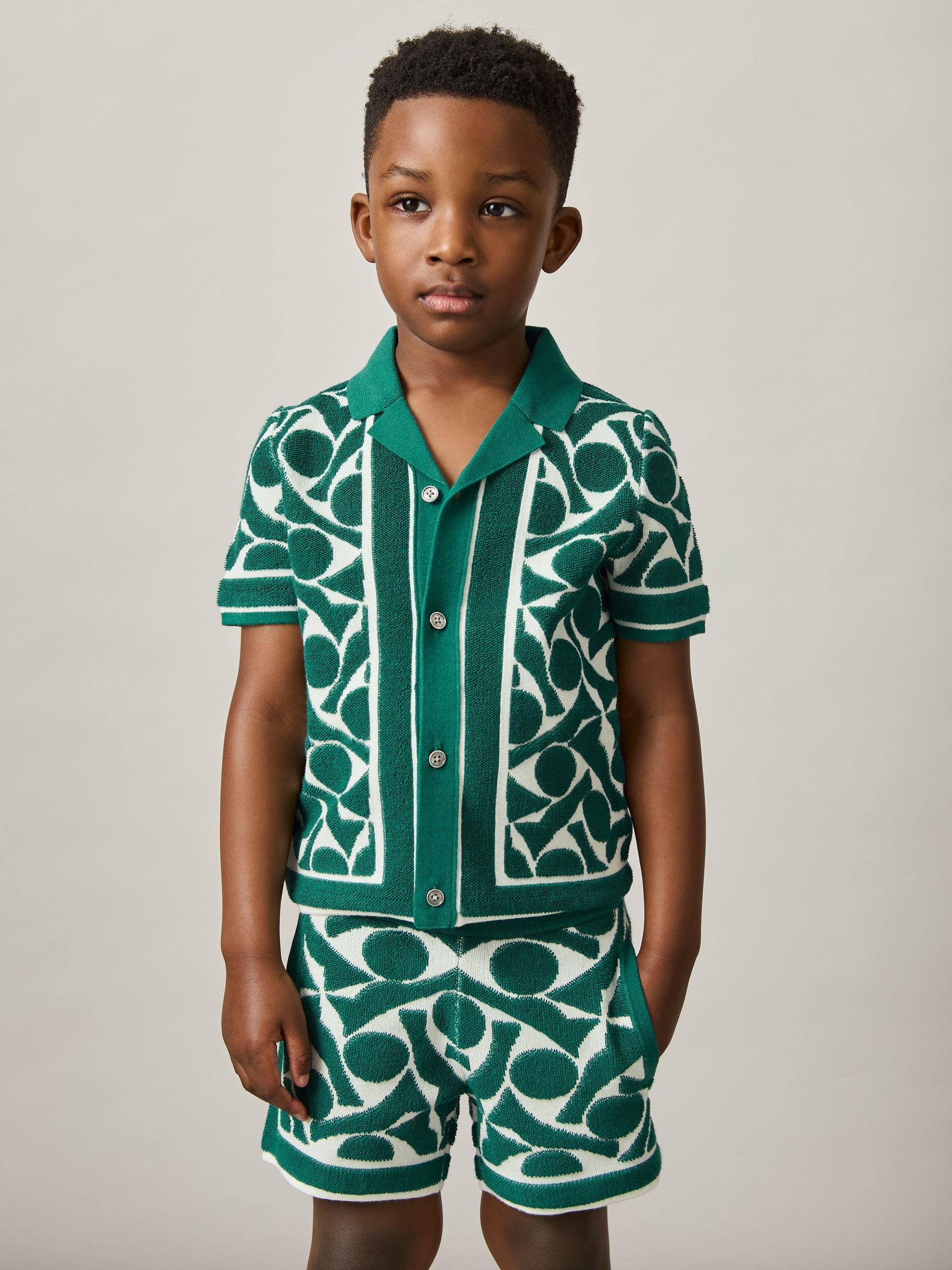 9-13 yrs Abstract-Pattern Towelling Shirt in Green/White - Image 1 of 5