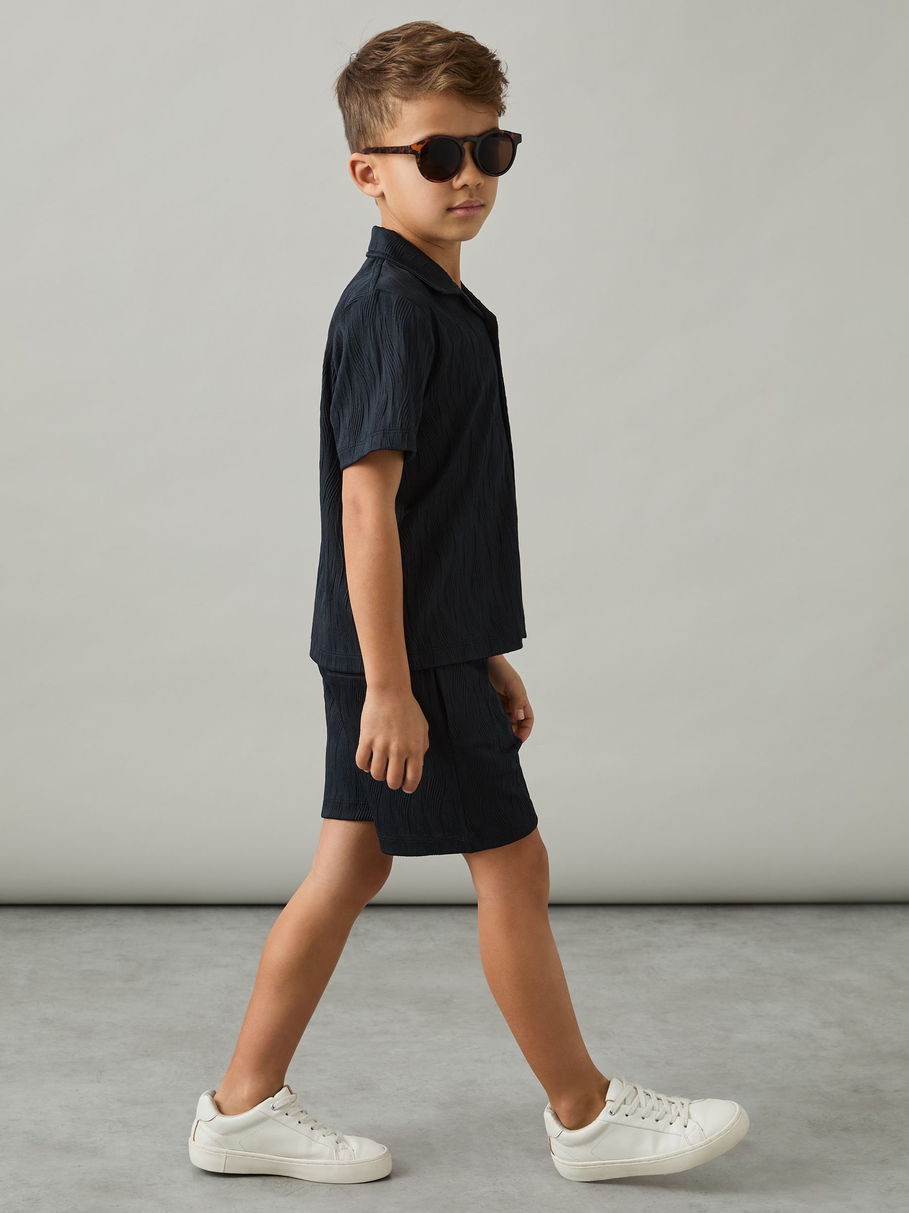 3-9 yrs Wave Jacquard Cuban Collar Shirt in Navy - Image 3 of 5