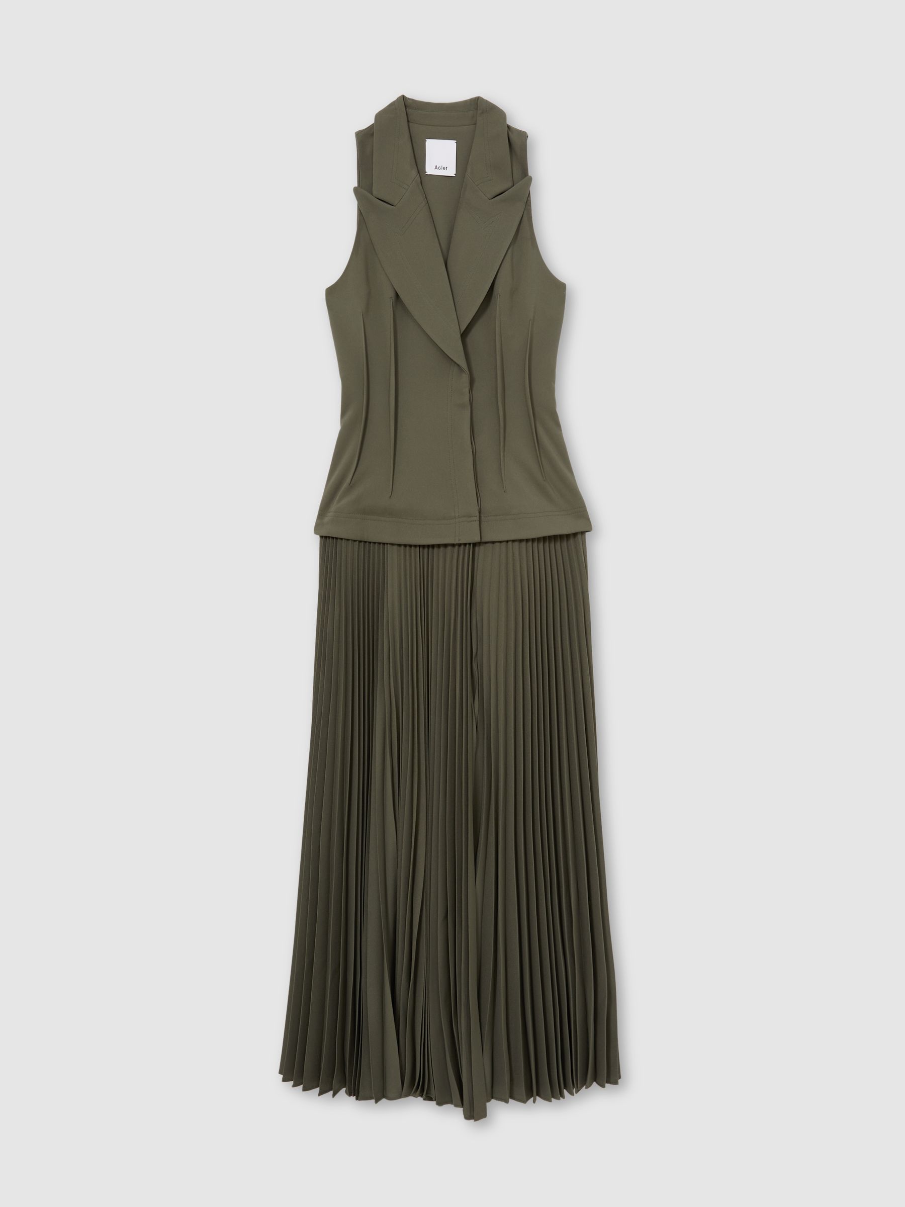 Acler Dark Olive Green Waistcoat Bodice Pleated Dress in Dark Olive Green - Image 2 of 5