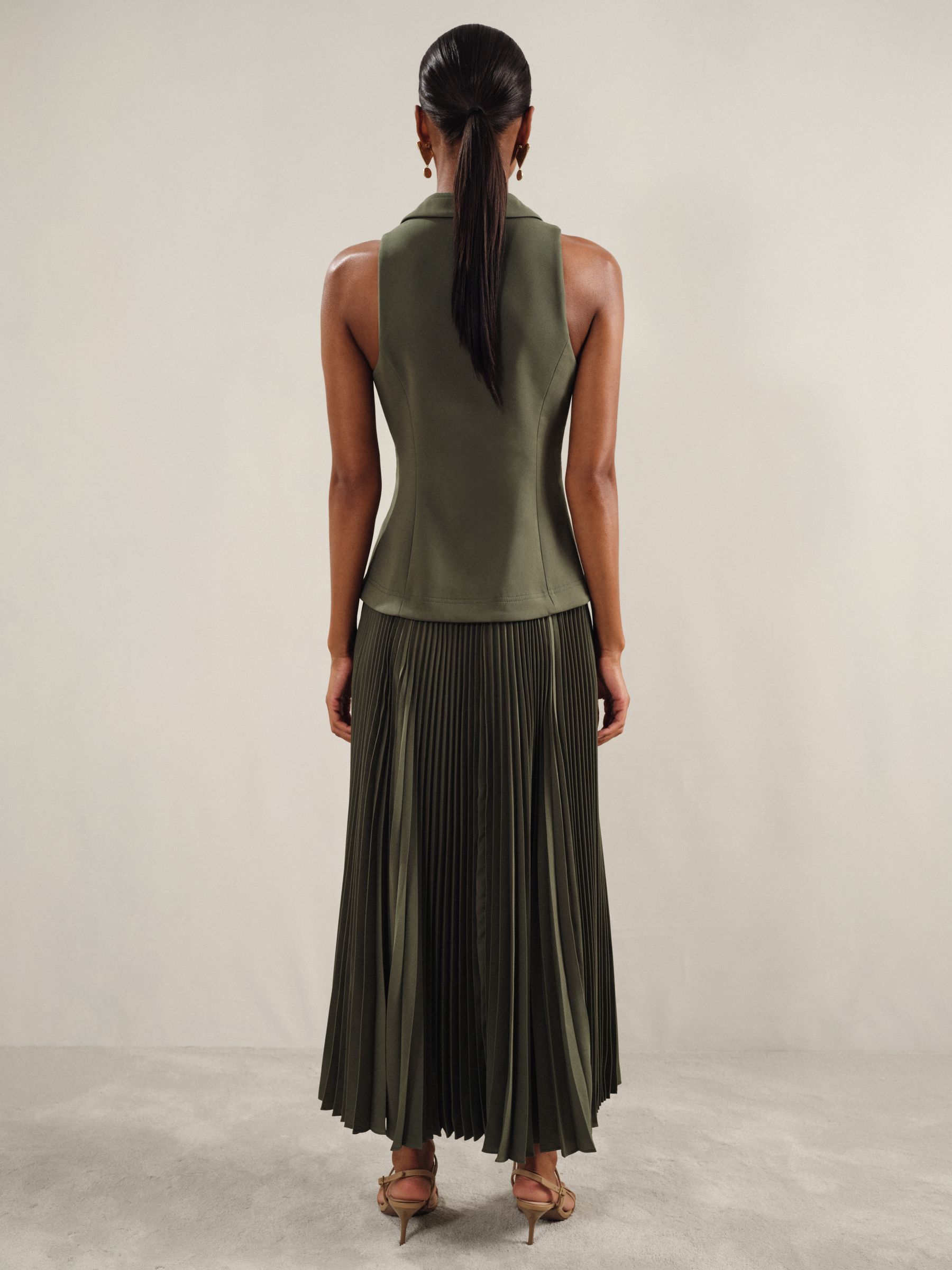 Acler Dark Olive Green Waistcoat Bodice Pleated Dress in Dark Olive Green - Image 4 of 5