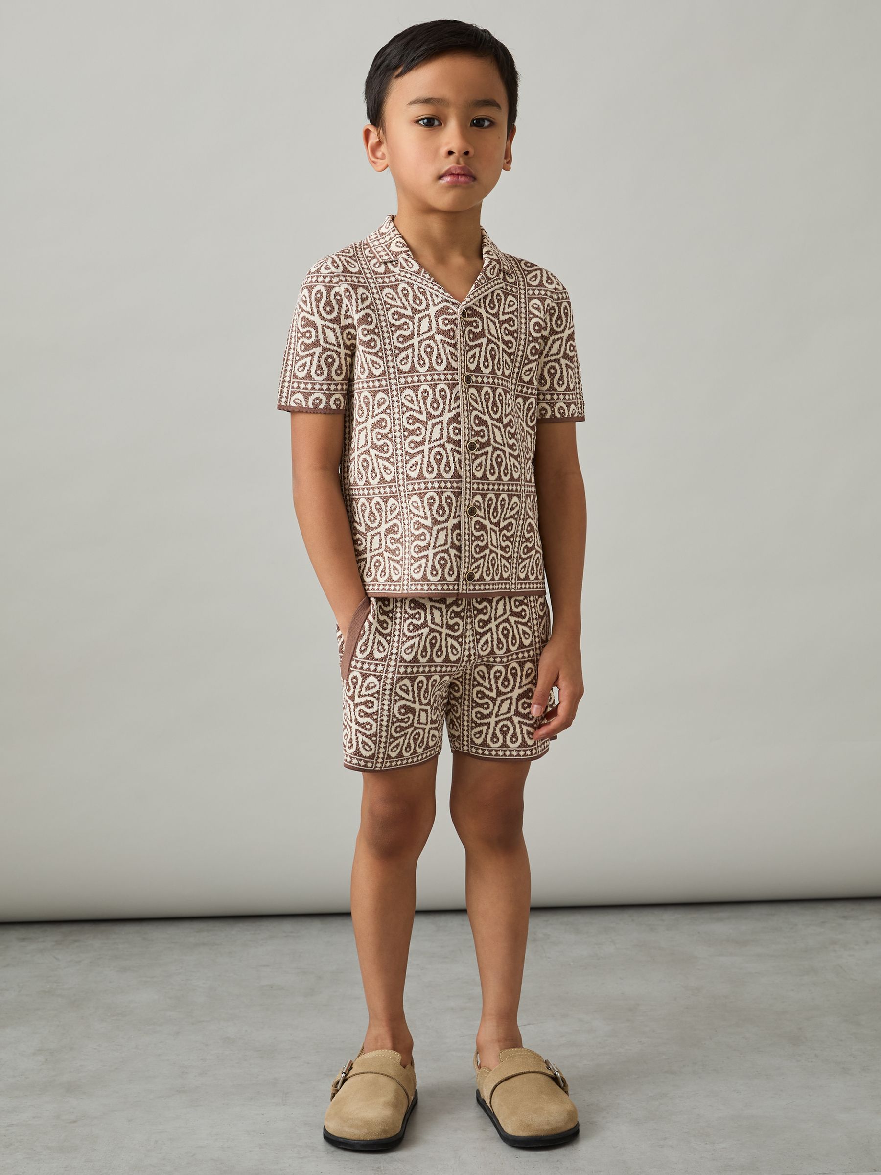 3-9 yrs Tile Pattern Knit Shorts in Brown/Off White - Image 1 of 4