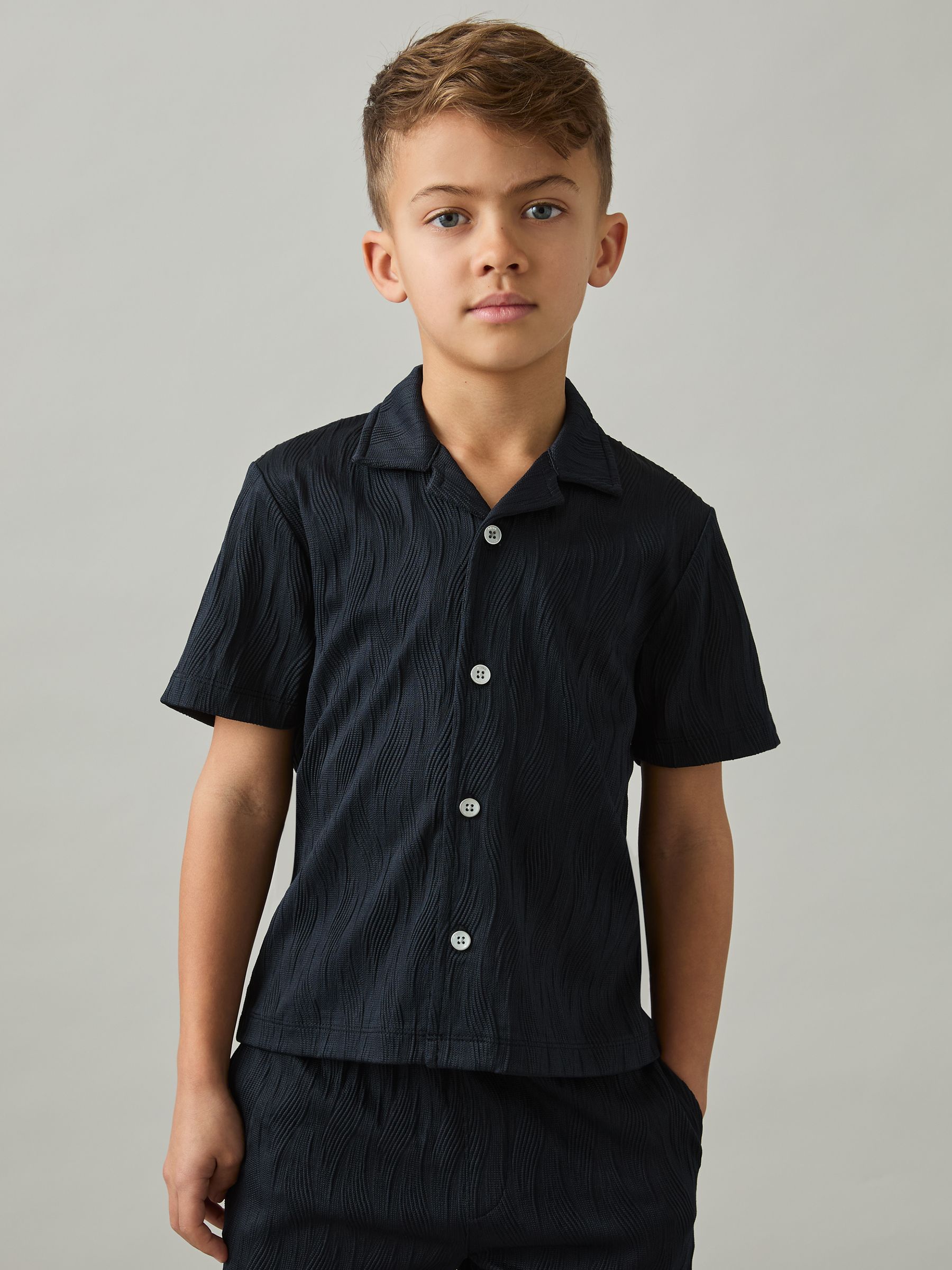 9-13 yrs Wave Jacquard Cuban Collar Shirt in Navy - Image 3 of 5