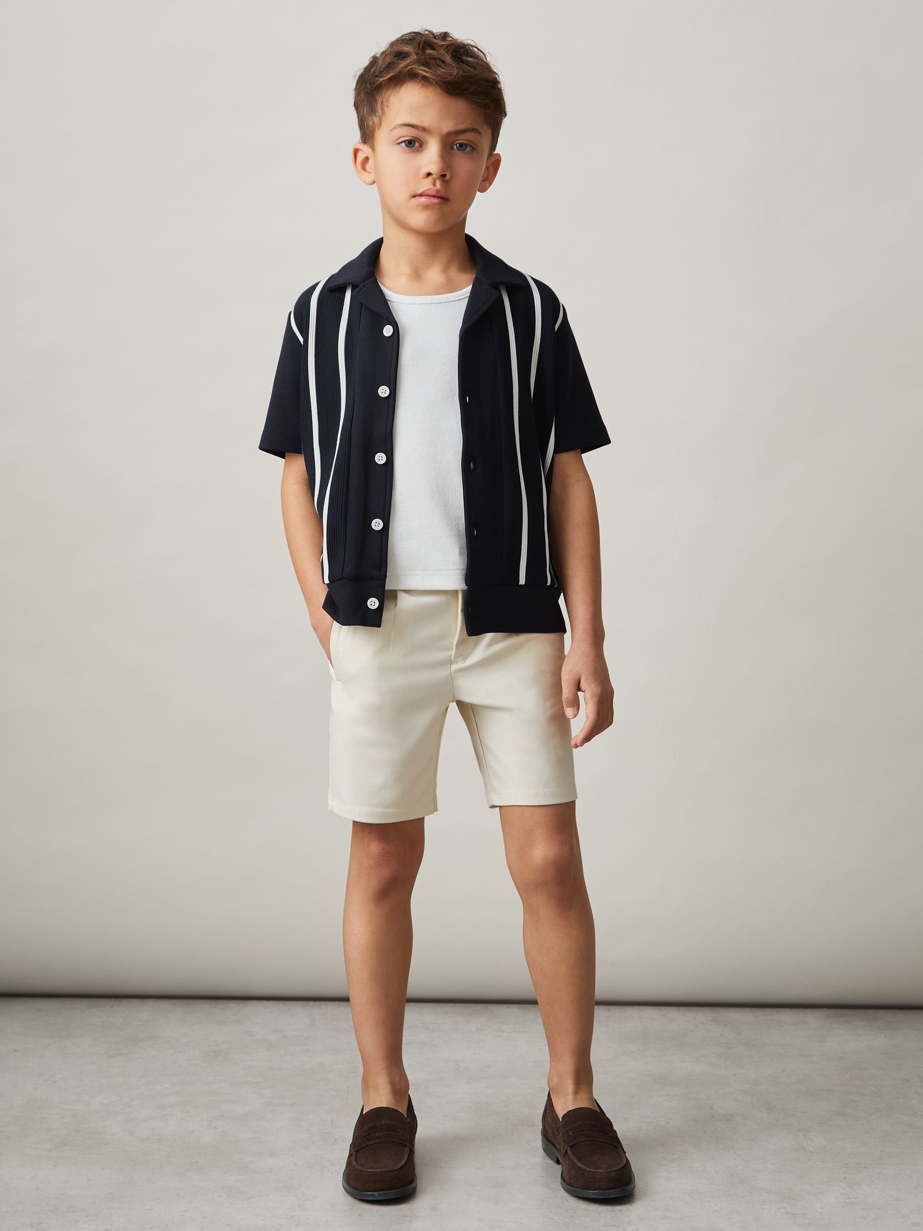 3-9 yrs Stripe Cuban Collar Shirt in Navy/White - Image 1 of 4