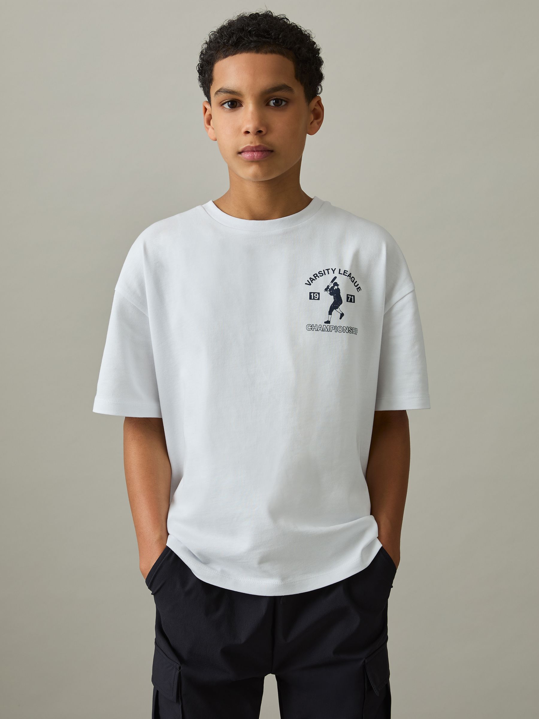 9-13 yrs Cotton Varsity-League T-Shirt in Off White - Image 3 of 4