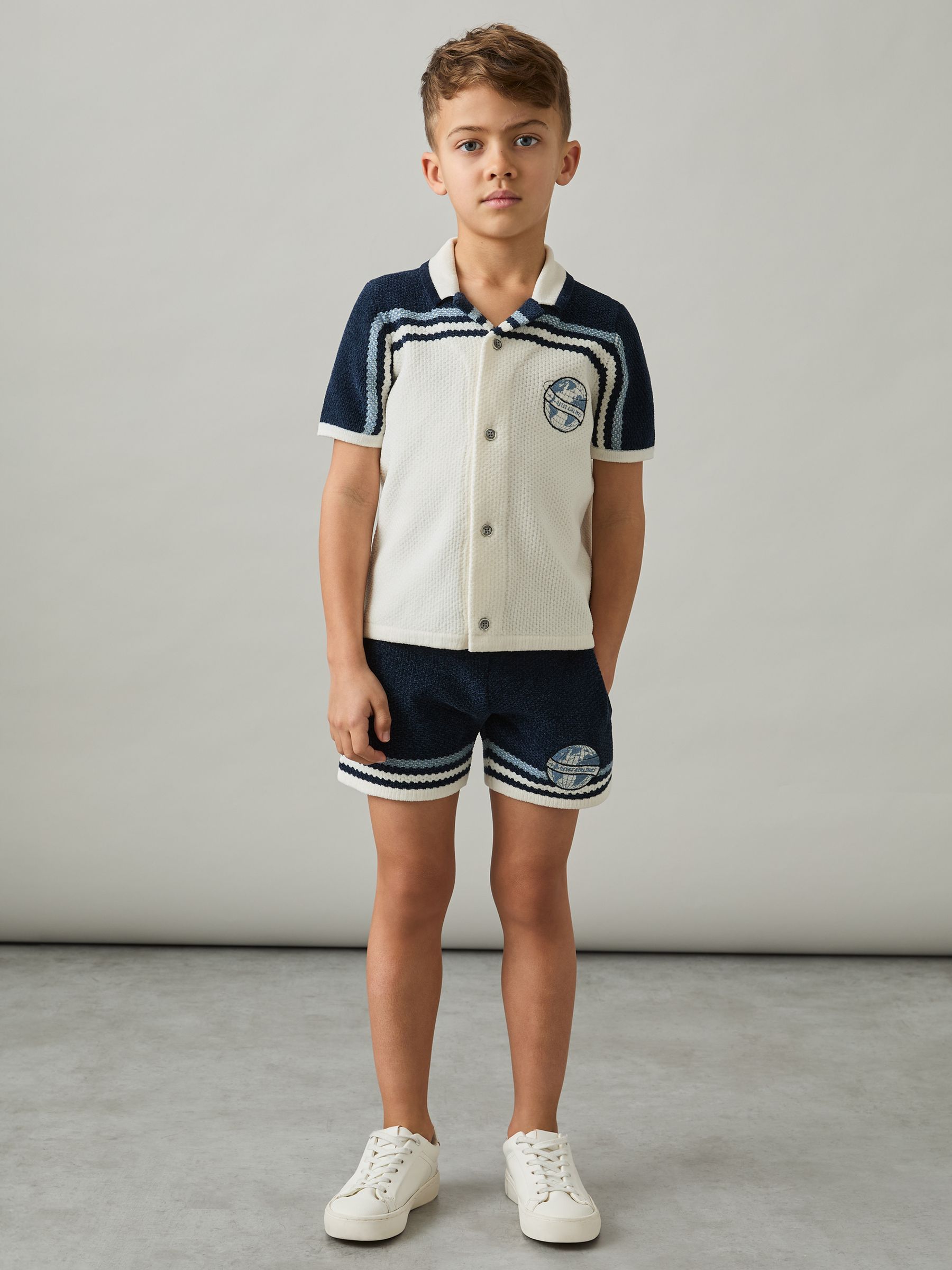 3-9 yrs Chenille Airlines Embroidery Shorts in Navy/Airforce Blue/White - Image 1 of 4