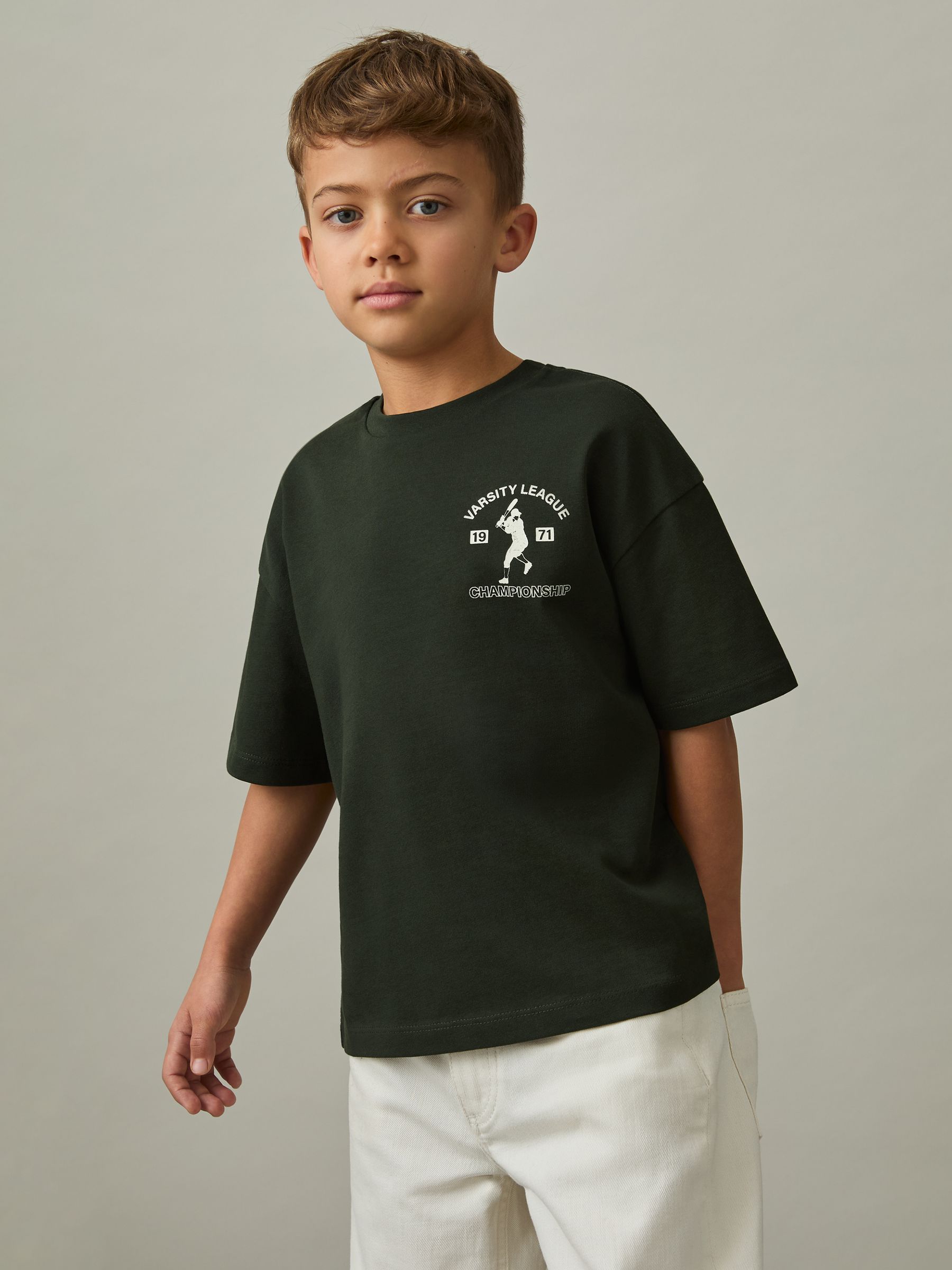 9-13 yrs Cotton Varsity-League T-Shirt in Forest Green - Image 3 of 4