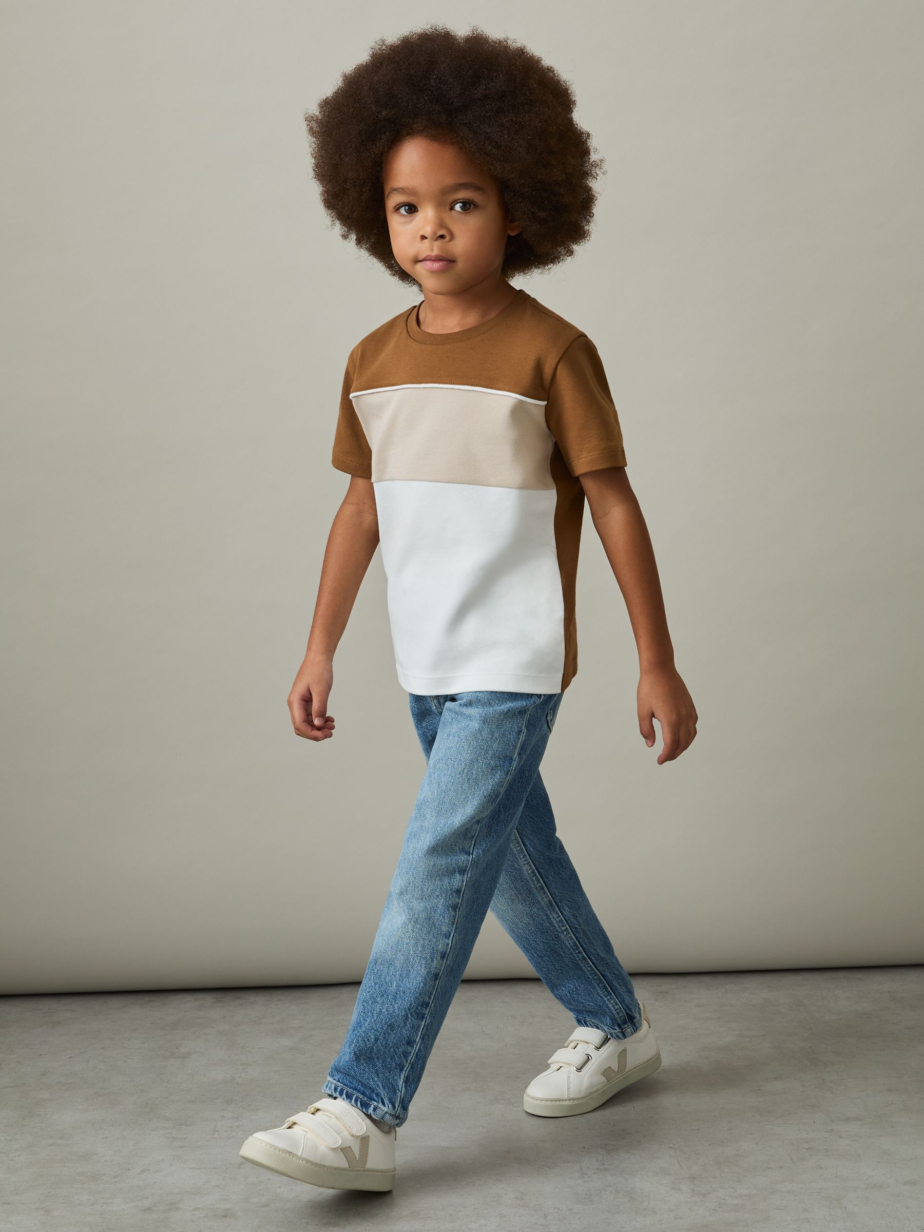 9-13 yrs Cotton Colour-Block Piped T-Shirt in Tobacco Brown Multi - Image 3 of 4