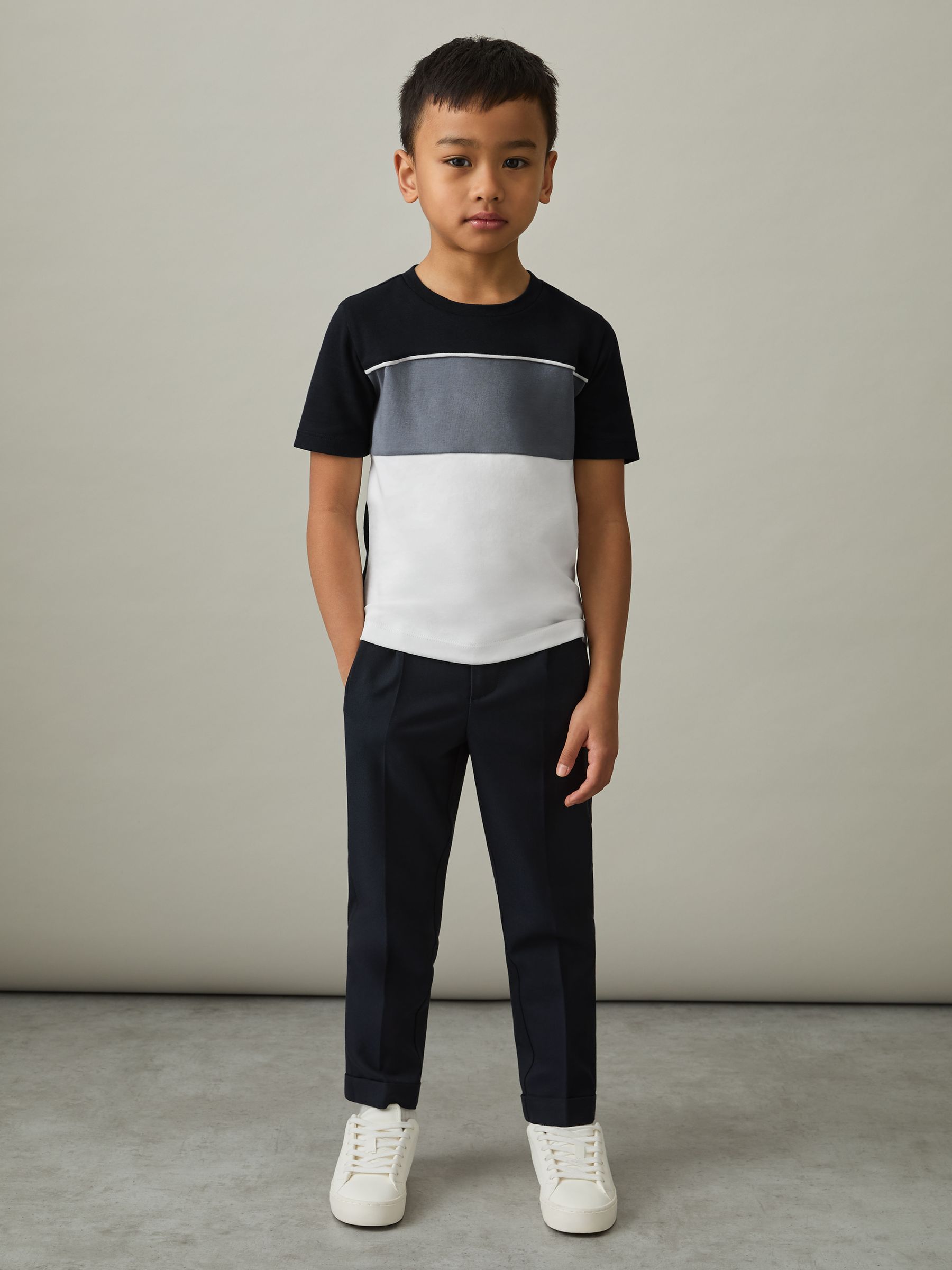 3-9 yrs Cotton Colour-Block Piped T-Shirt in Airforce Blue Multi - Image 1 of 4