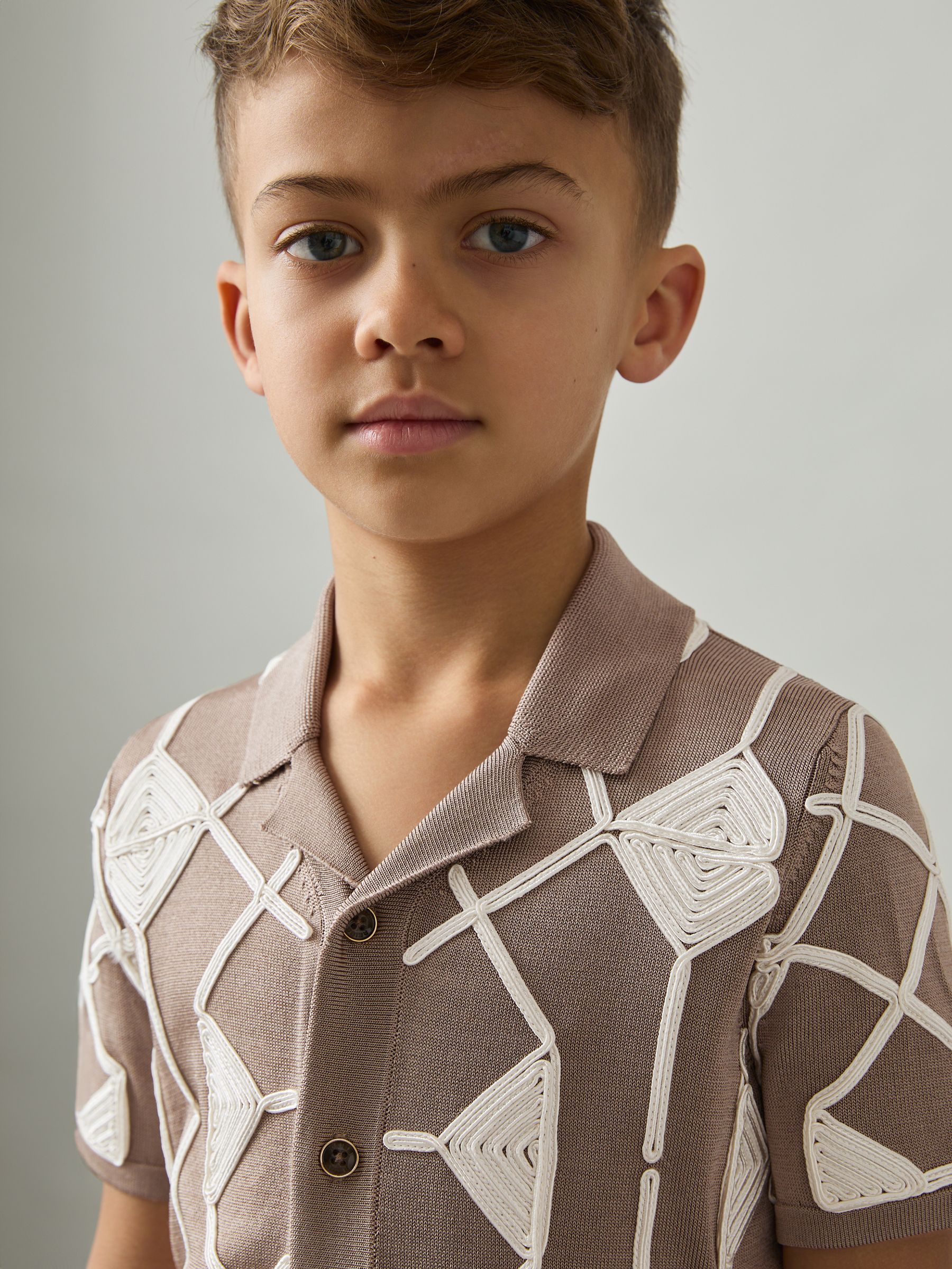 9-13 yrs Geometric Embroidery Knit Shirt in Mink Brown/ Off White - Image 1 of 4