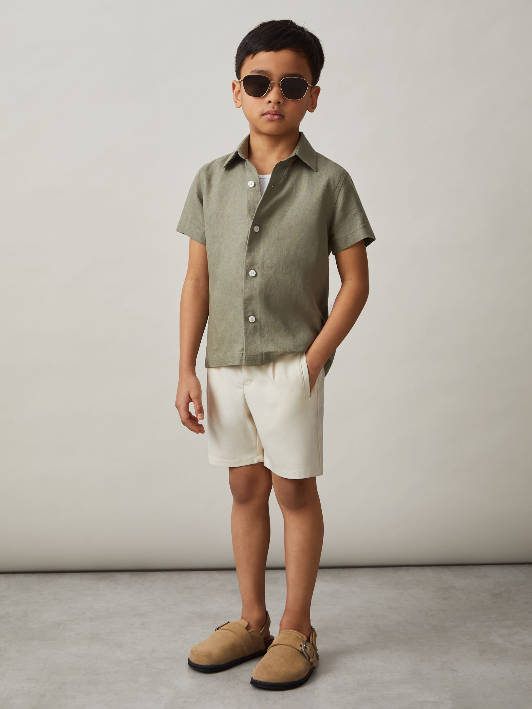 3-9 yrs Short Sleeve Linen Shirt in Thyme Green - Image 3 of 4