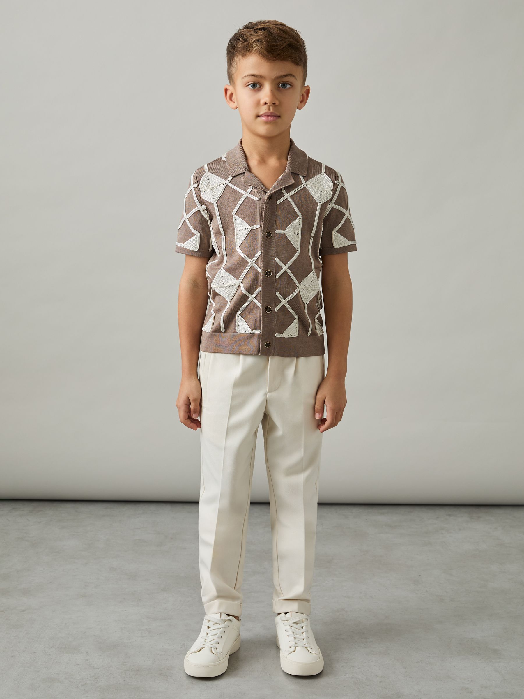3-9 yrs Geometric Embroidery Knit Shirt in Mink Brown/ Off White - Image 1 of 4 3-9 yrs Geometric Embroidery Knit Shirt in Mink Brown/ Off White - Image 1 of 4