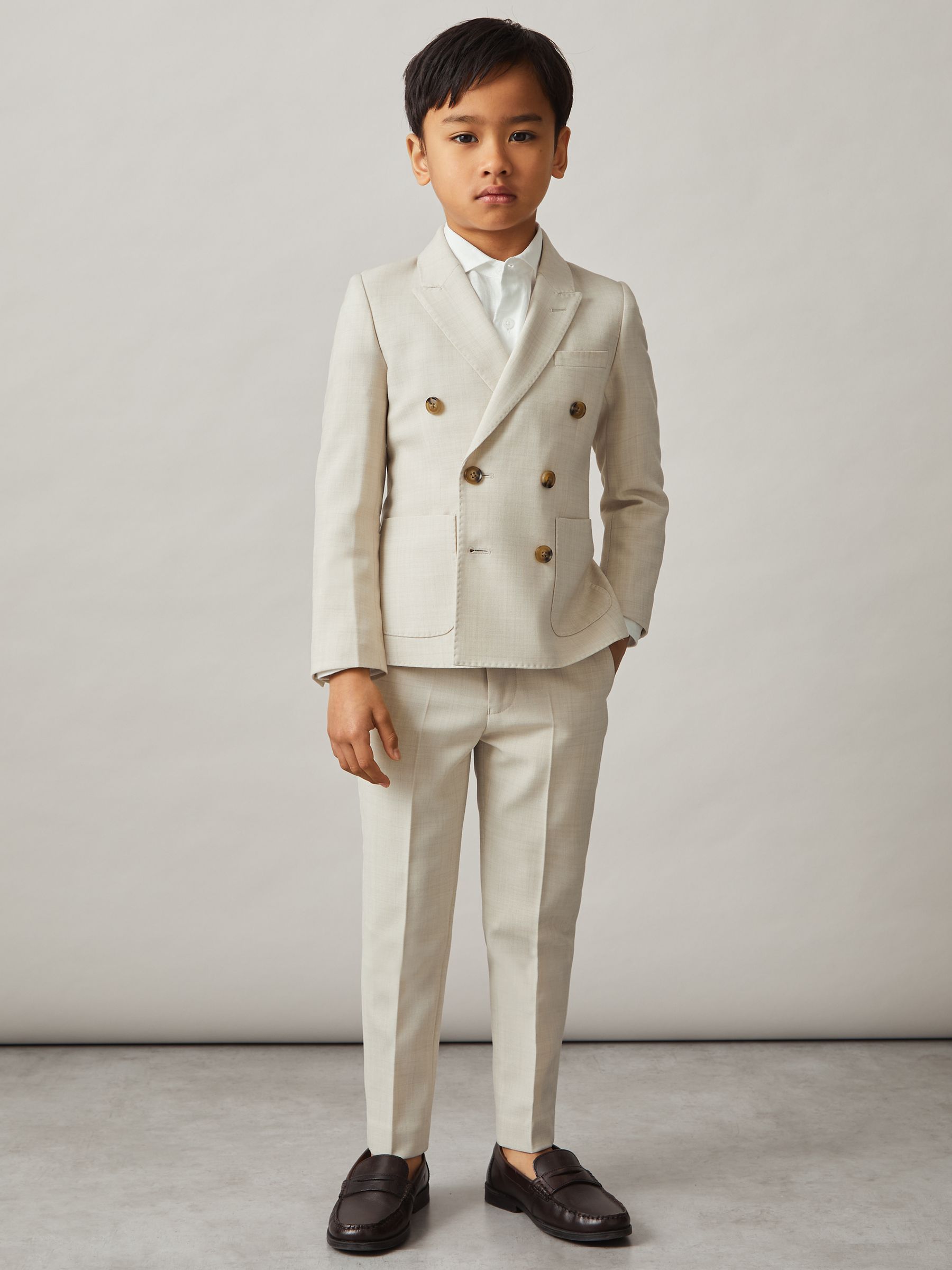 9-13 yrs Double-Breasted Textured Blazer With Wool in Stone - Image 1 of 5