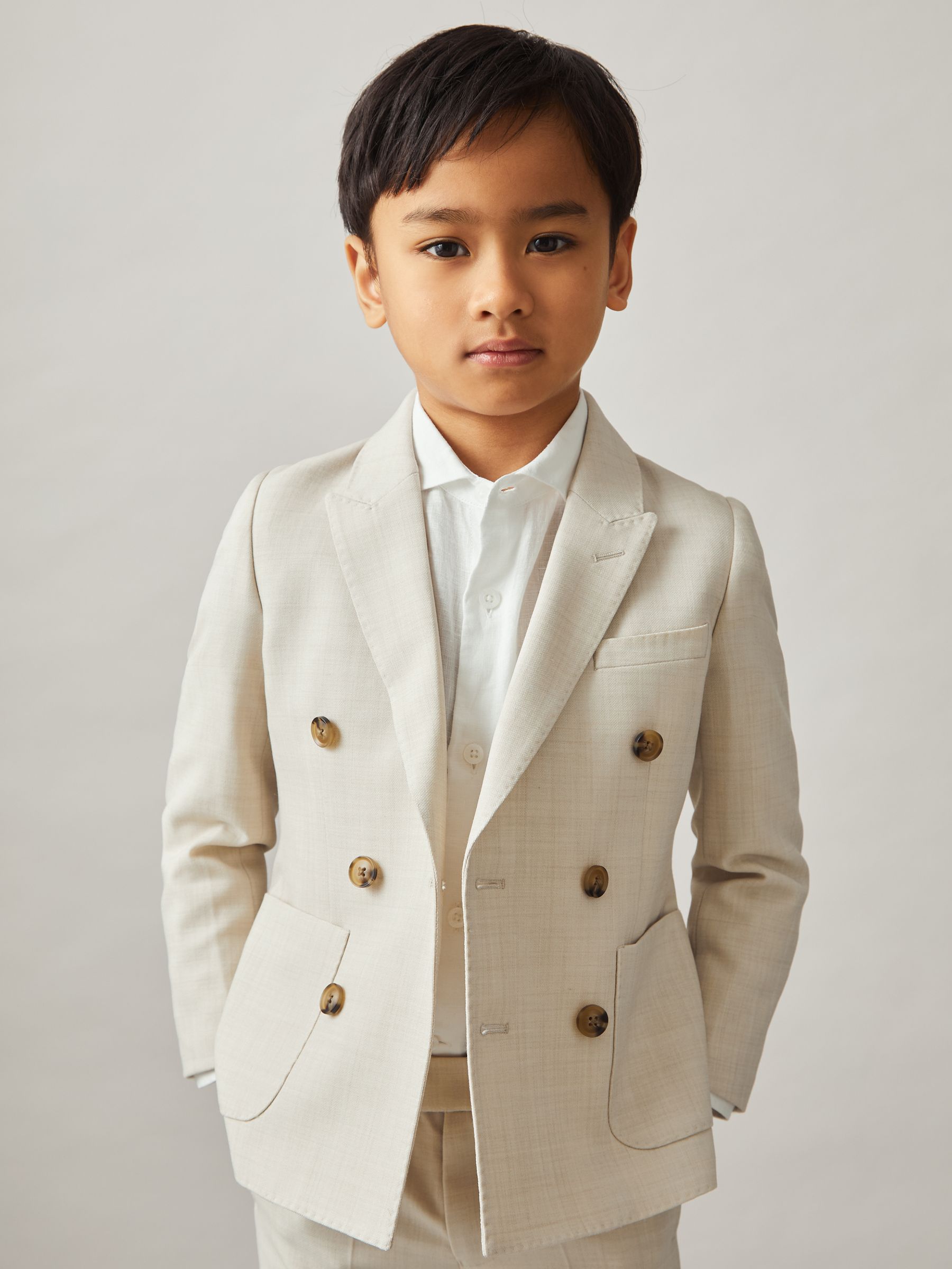 9-13 yrs Double-Breasted Textured Blazer With Wool in Stone - Image 3 of 5