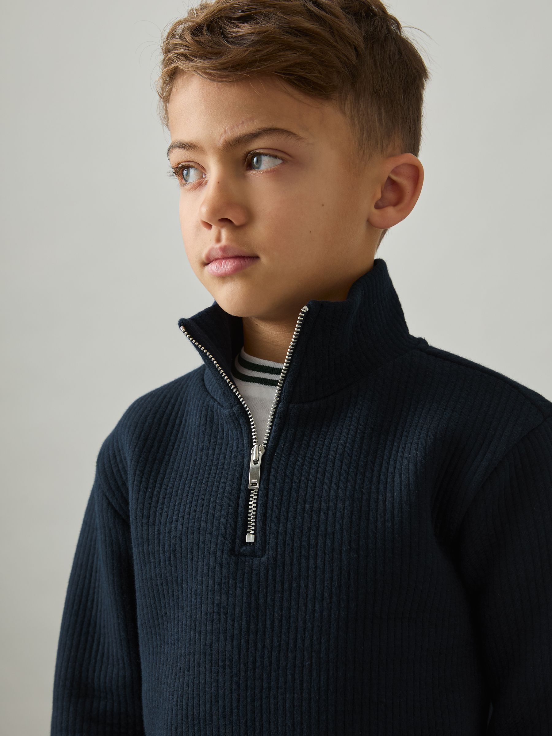13-14 yrs Cotton-Blend Half-Zip Funnel-Neck Jumper in Navy - Image 1 of 4