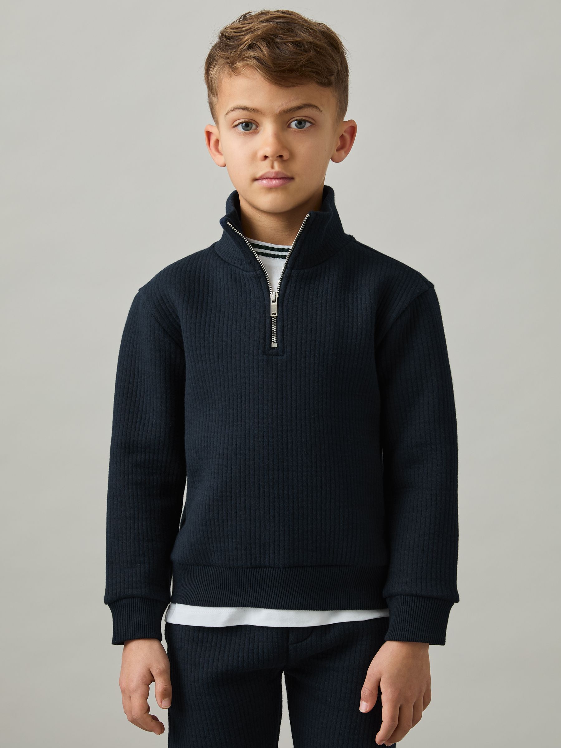 13-14 yrs Cotton-Blend Half-Zip Funnel-Neck Jumper in Navy - Image 2 of 4
