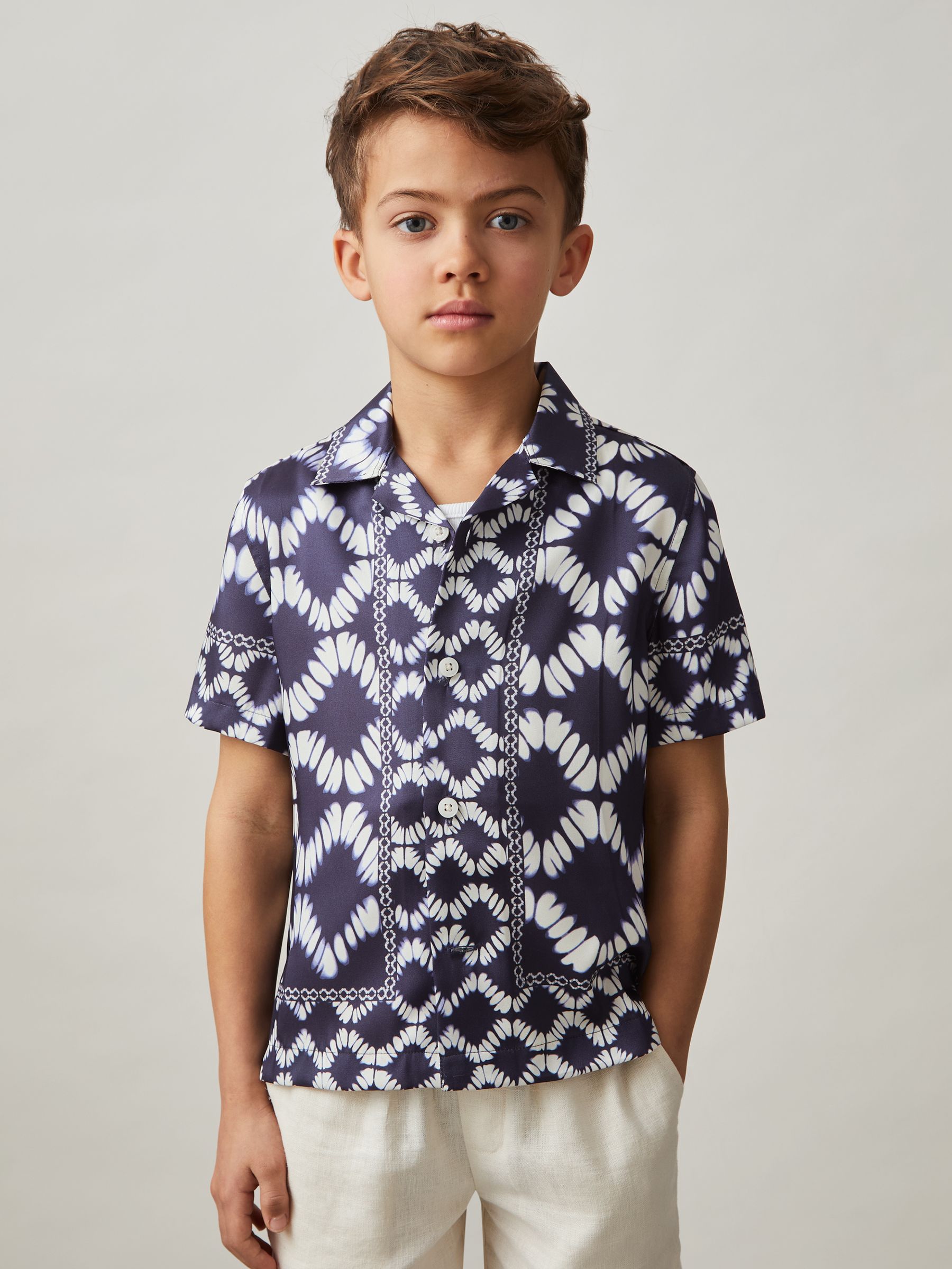 3-9 yrs Abstract Print Cuban Collar Shirt in Blue - Image 3 of 4