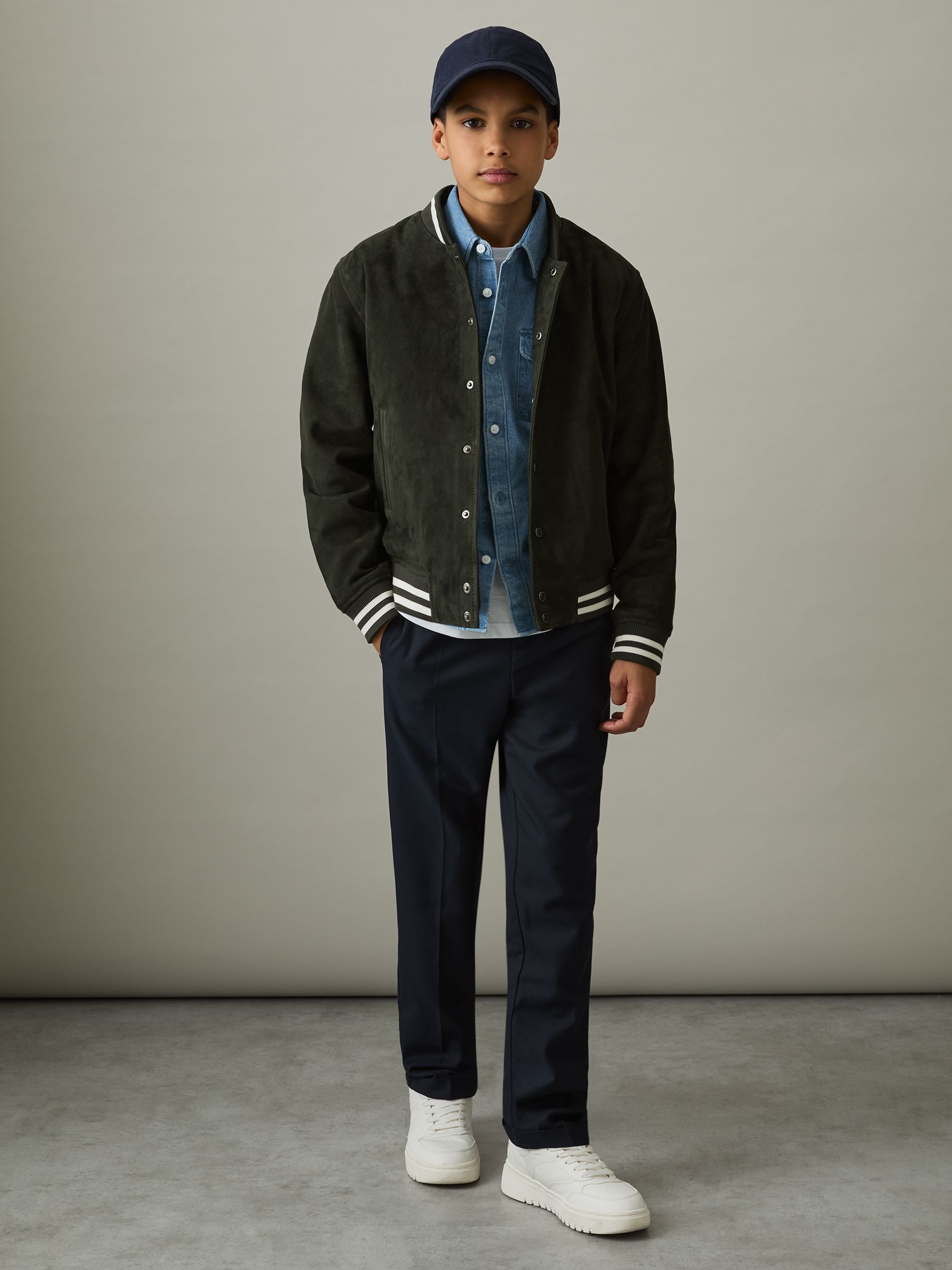 3-9 yrs Suede Varsity Bomber Jacket in Dark Green - Image 1 of 5
