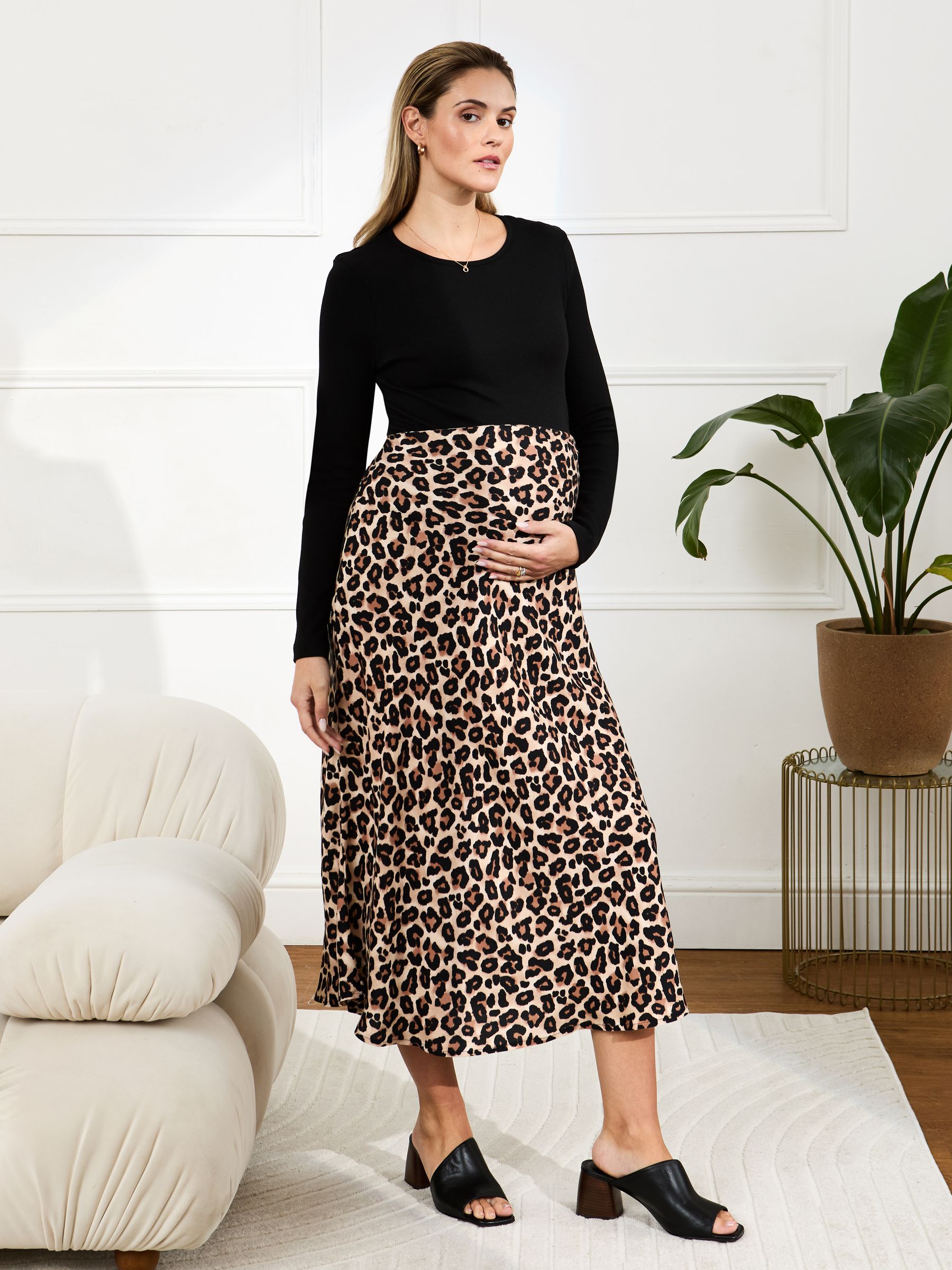 Brown Print Maternity Midi Skirt - Image 1 of 5