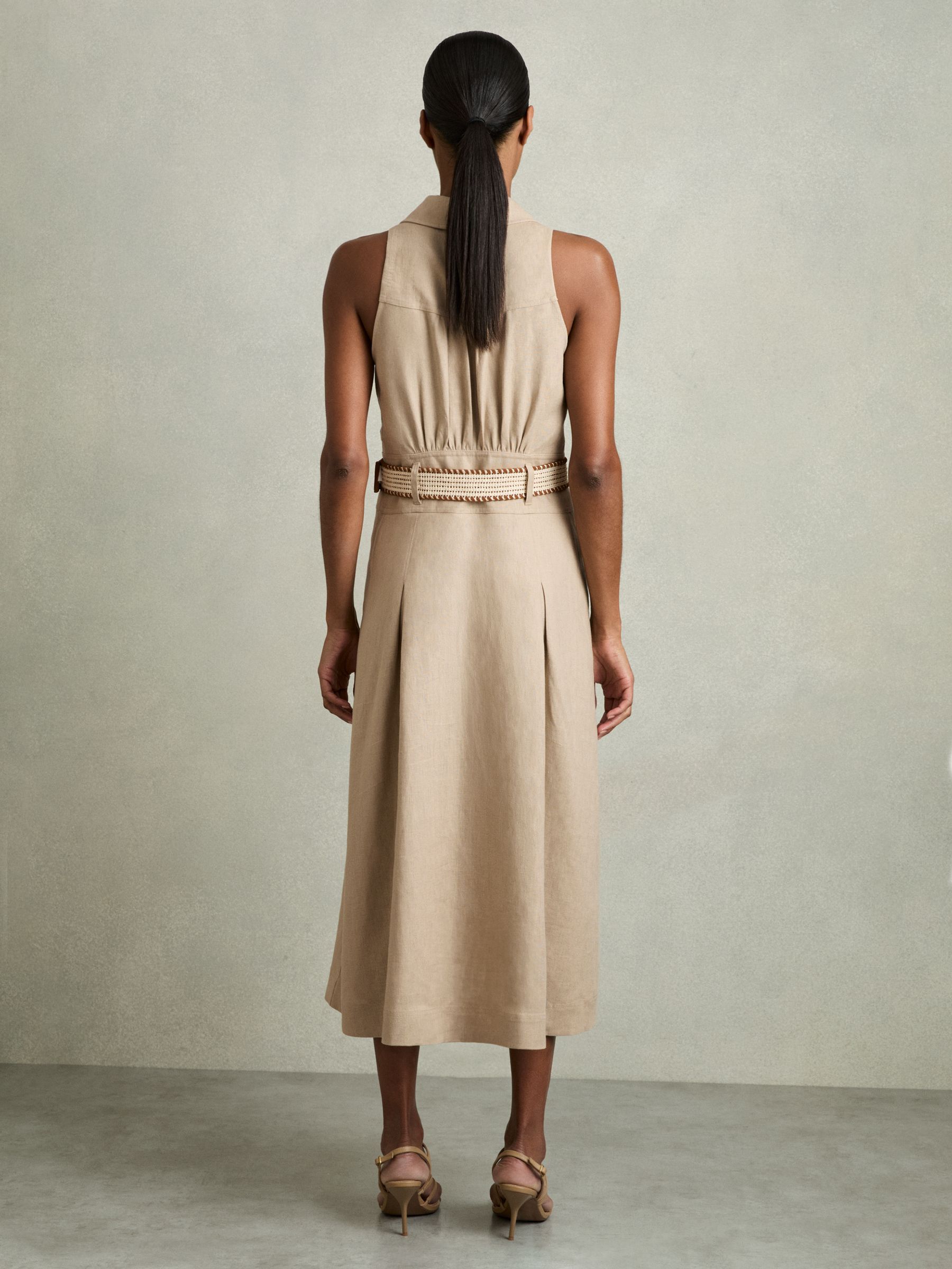 Petite Linen Belted Sleeveless Midi Dress in Neutral - Image 4 of 6