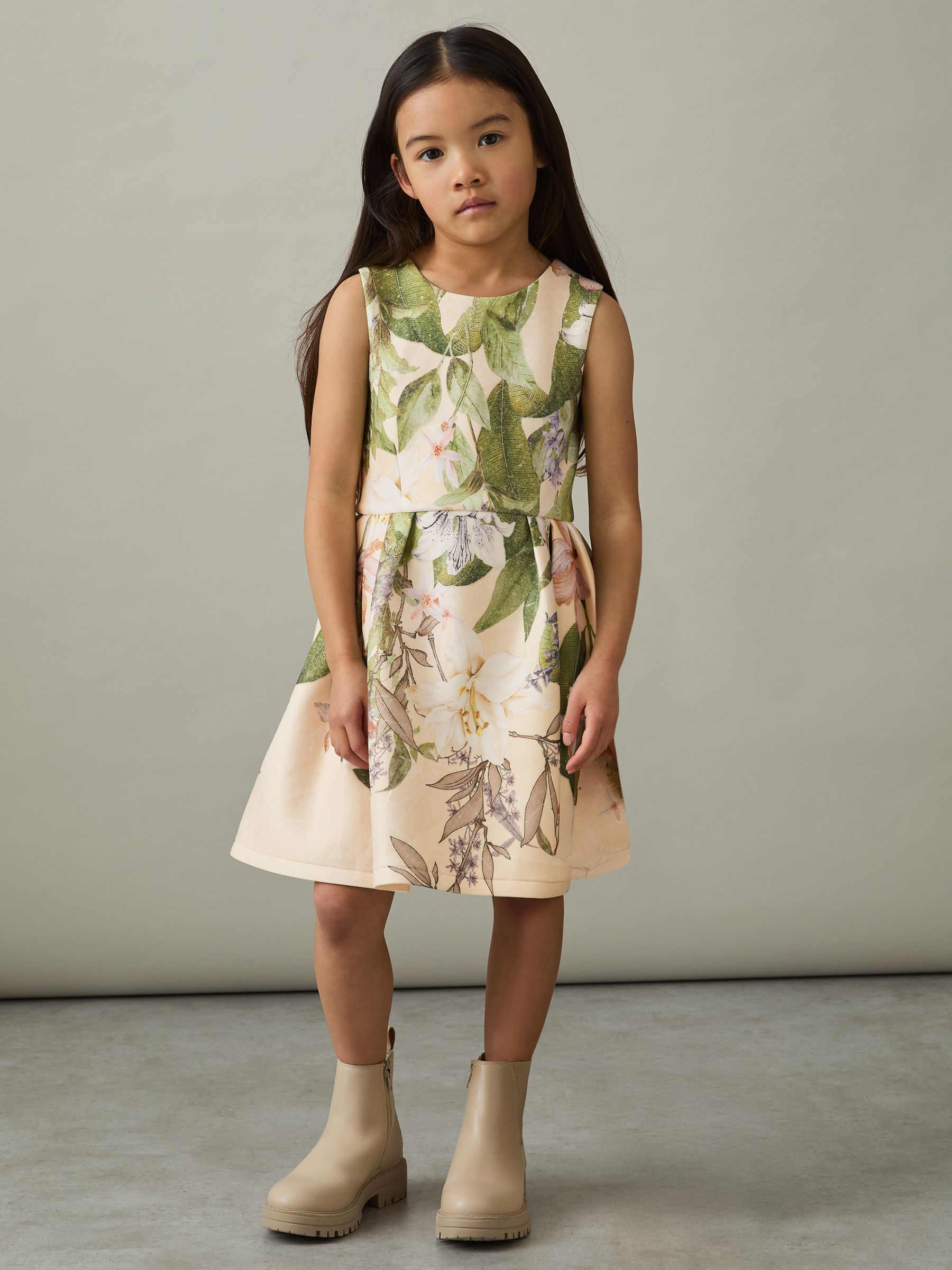 4-9 yrs Floral Scuba Sleeveless Dress in Pink Print - Image 1 of 4