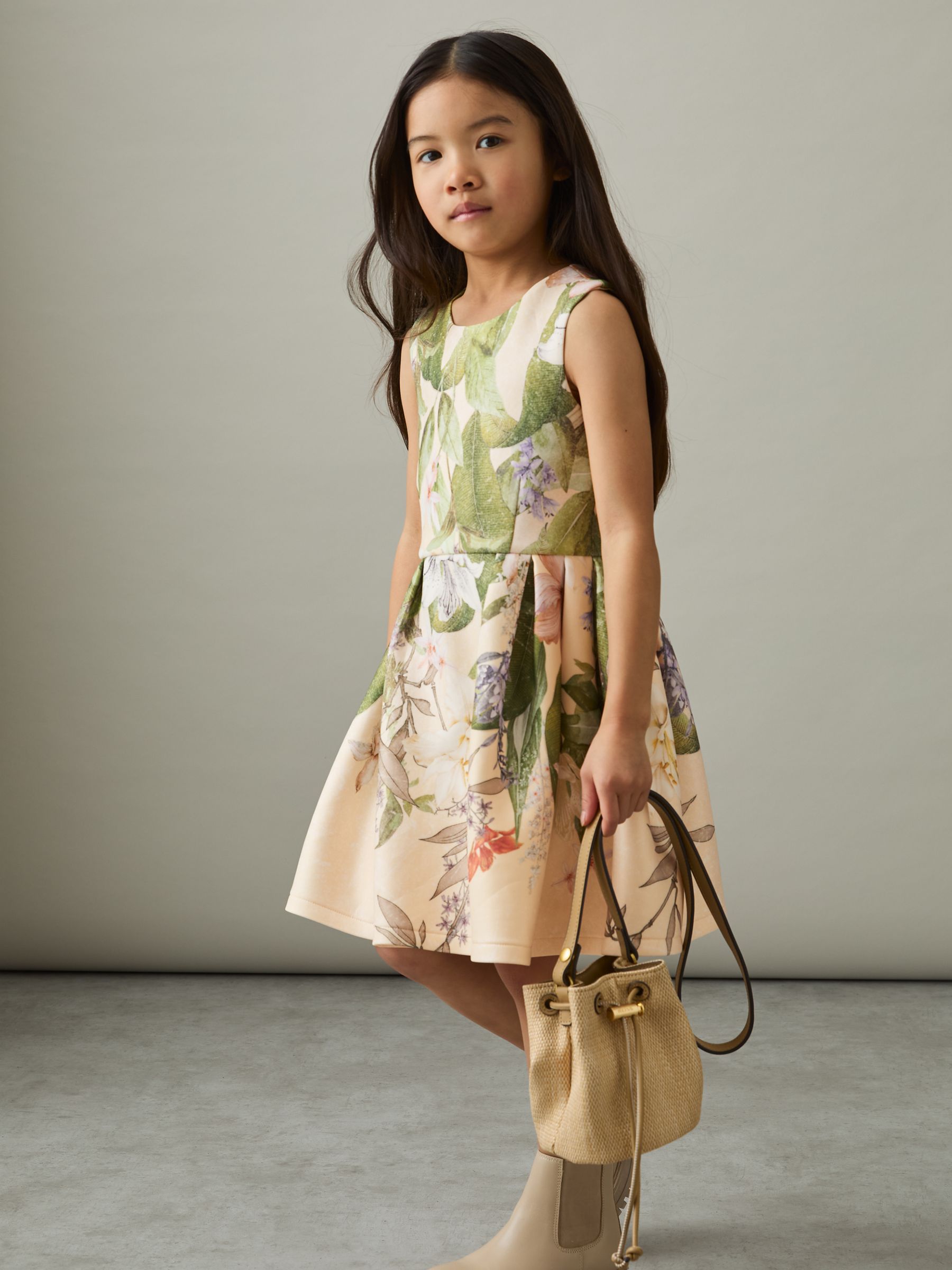 4-9 yrs Floral Scuba Sleeveless Dress in Pink Print - Image 3 of 4