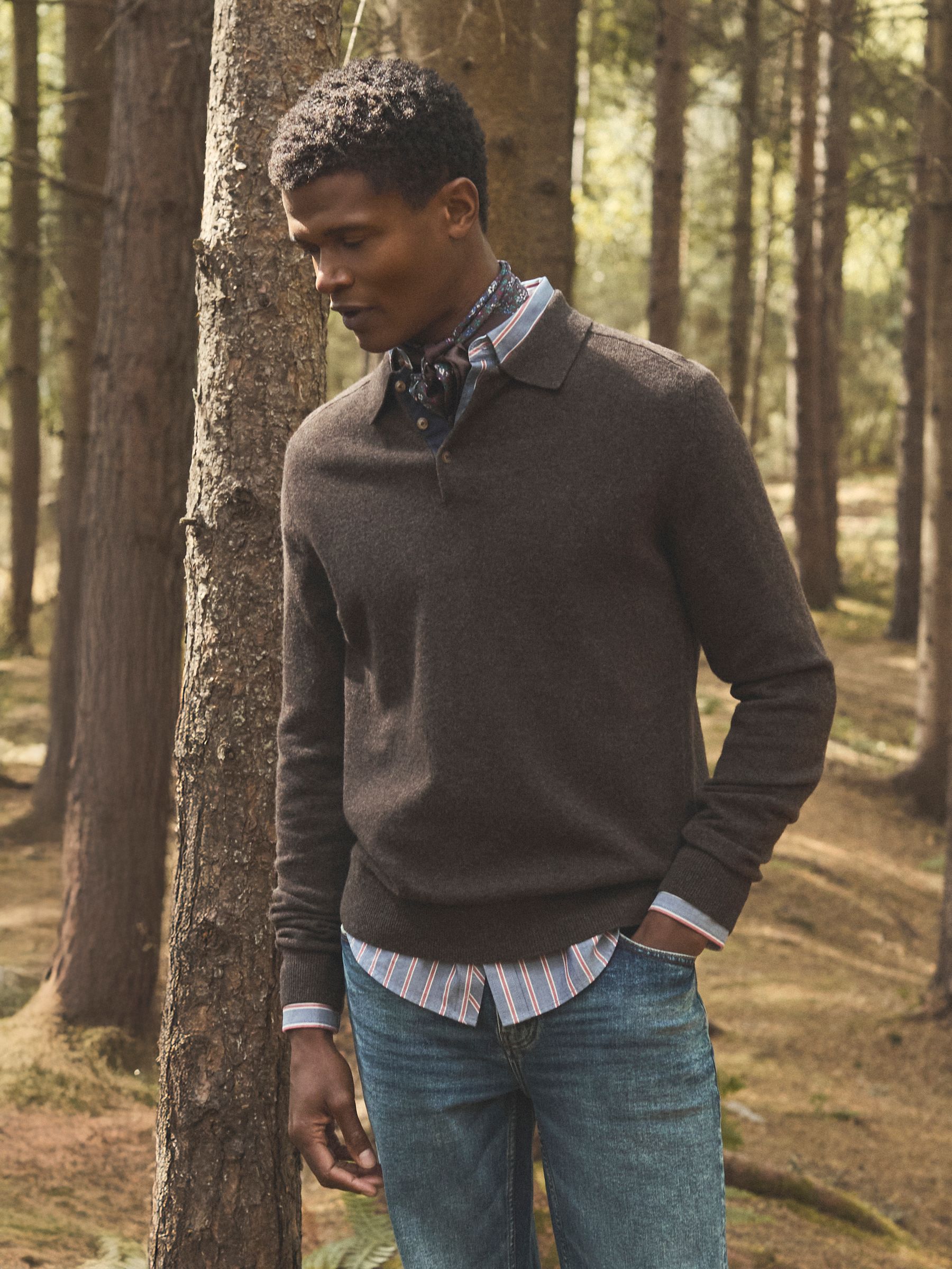 Sampson Wool-Rich Brown Long Sleeve Knitted Polo Shirt - Image 1 of 8