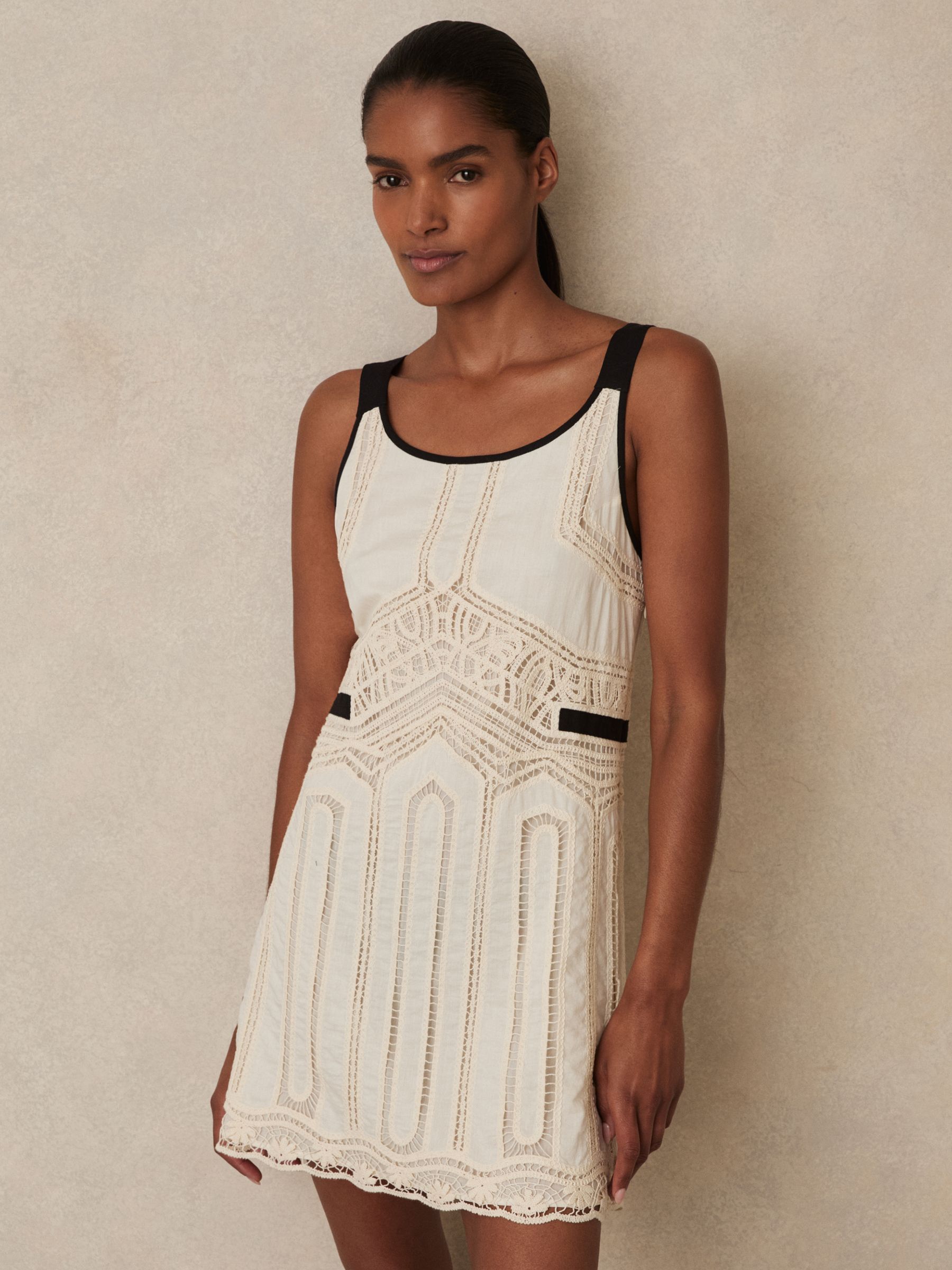 Reiss Cotton Crochet-Detail Mini Dress in Cream | REISS