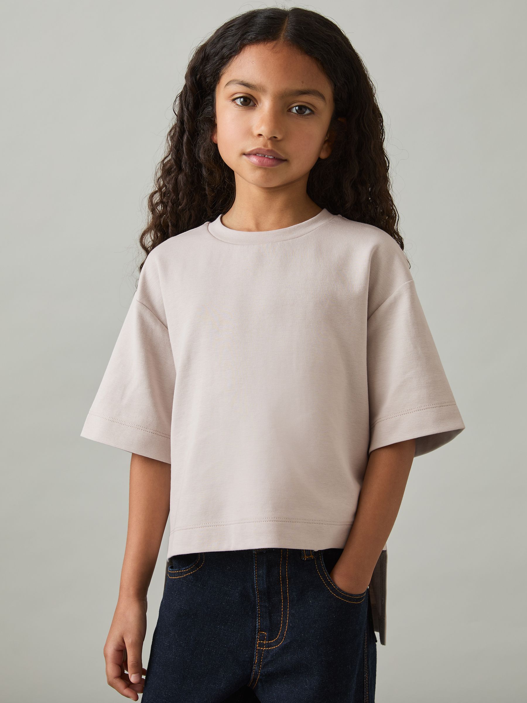 9-13 yrs Stretch-Cotton Oversized High-Low T-Shirt in Stone - Image 1 of 4