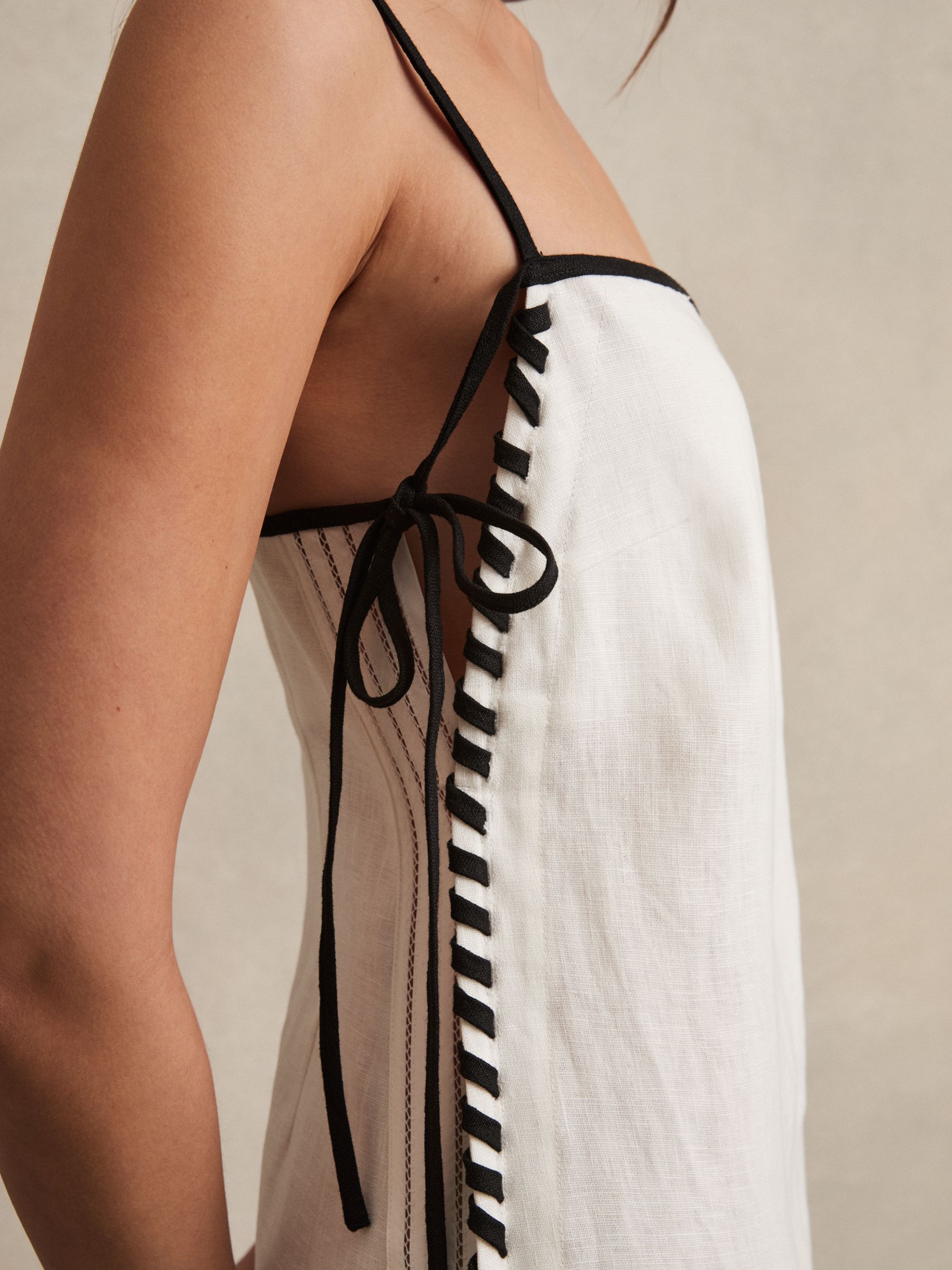 Linen Whipstitch Tie-Strap Midi Dress in Ivory - Image 3 of 5