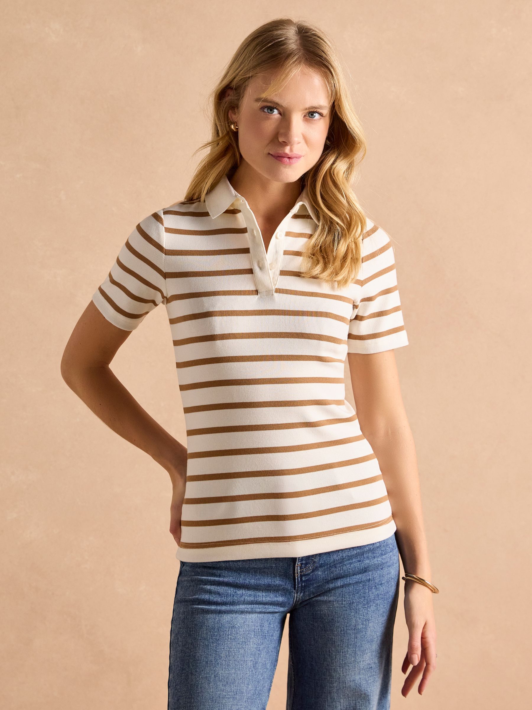 Fairfield Tan Short Sleeve Ribbed Polo Shirt - Image 1 of 7