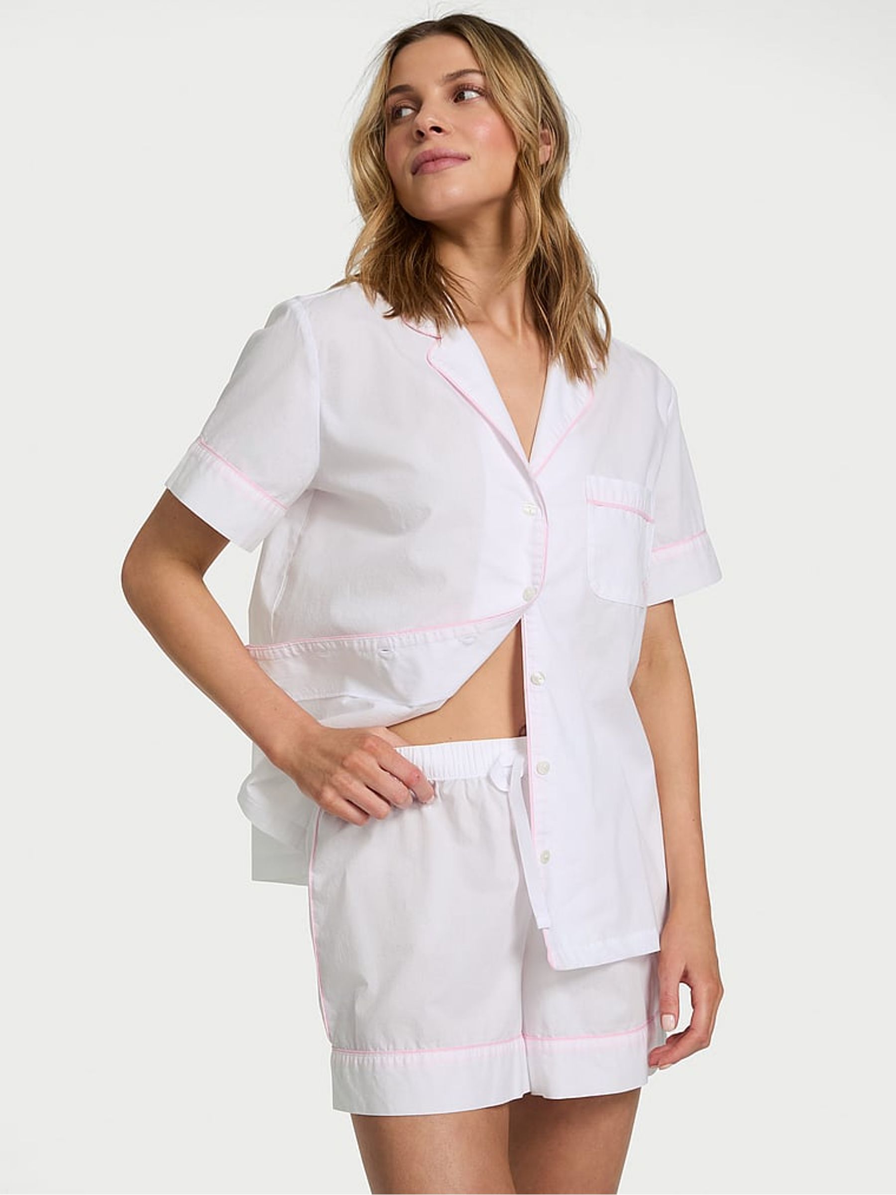 White With Pink Piping Cotton Short Pyjama Set - Image 1 of 3