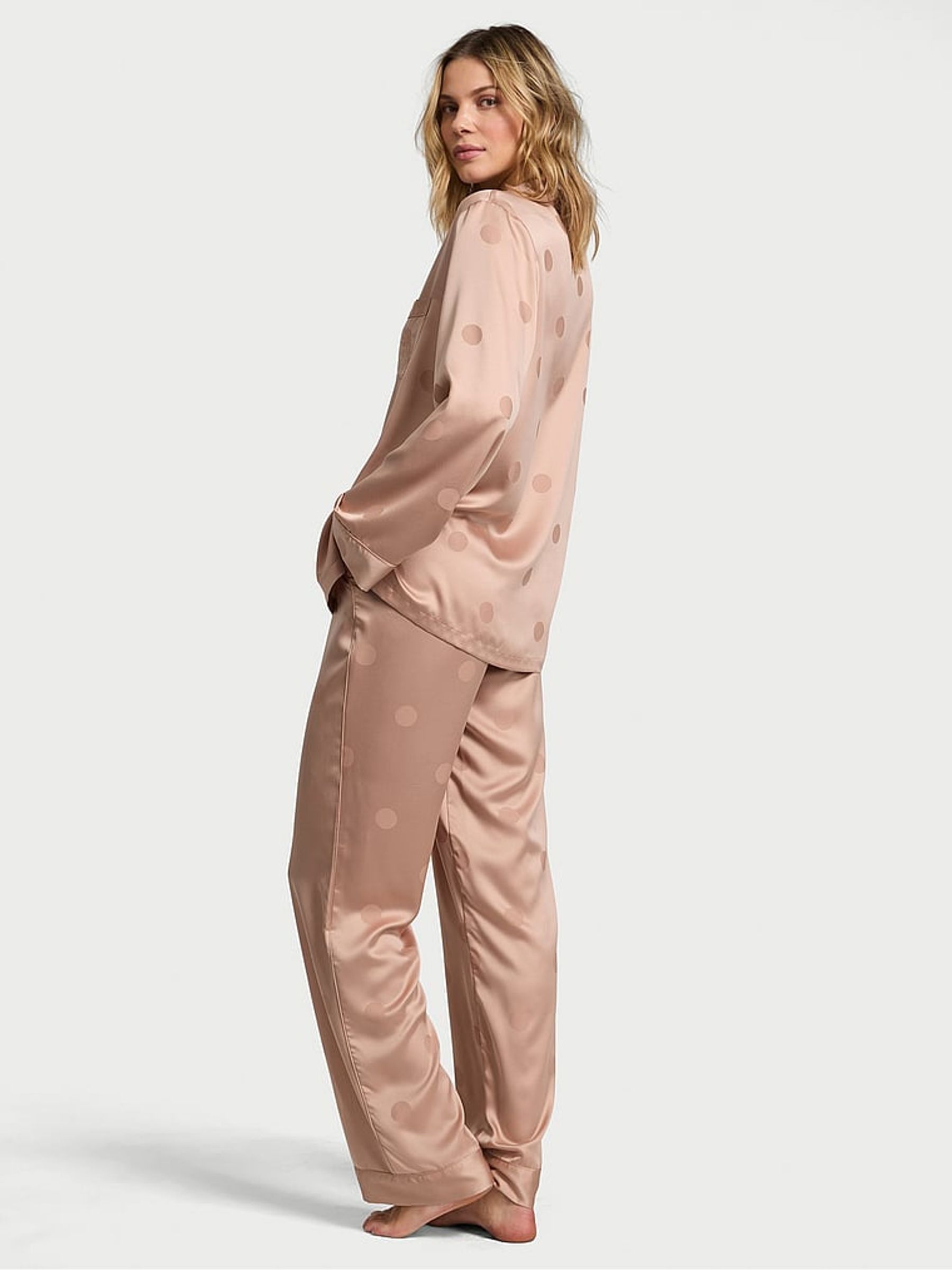 Macaron Jacquard Brown Satin Long Pyjama Set - Image 2 of 2