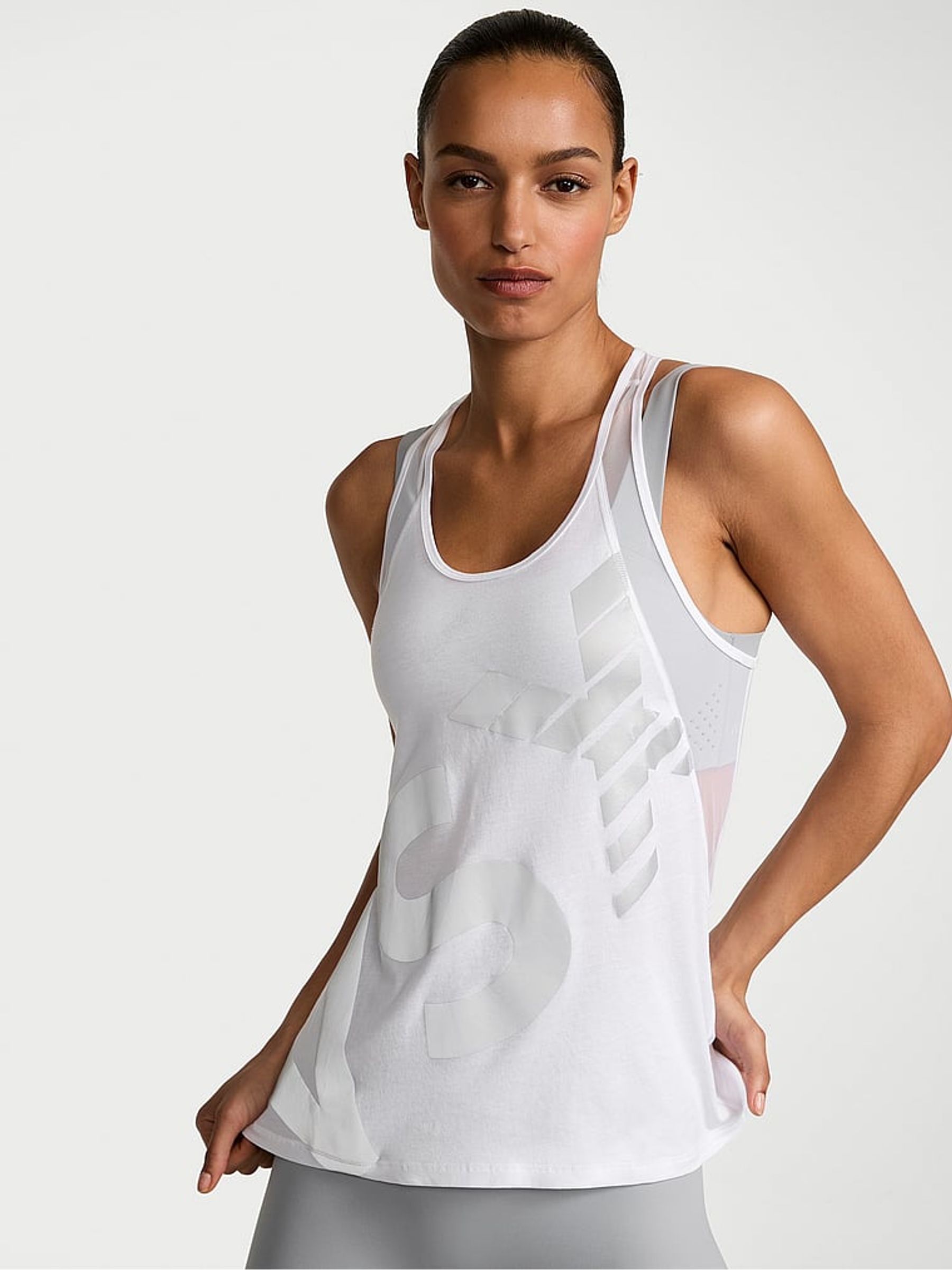 Graphic White Racerback Mesh Tank Top - Image 1 of 2