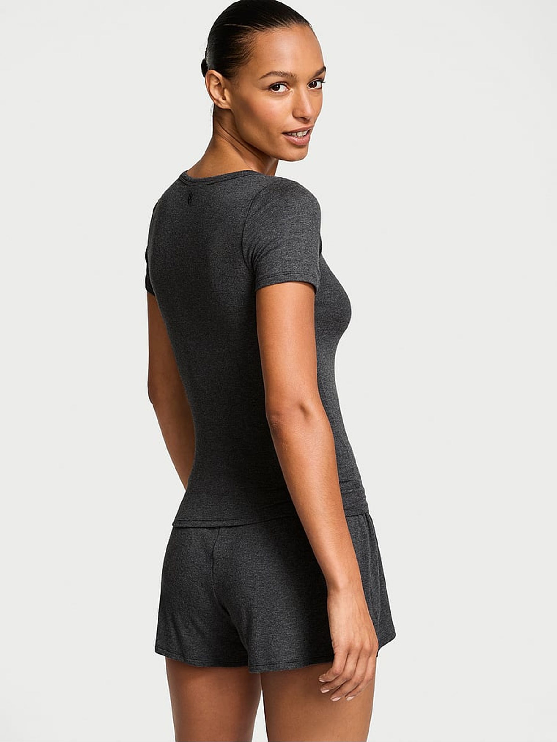 Heather Charcoal Grey Modal Rib Henley Short Sleeve Set - Image 2 of 3