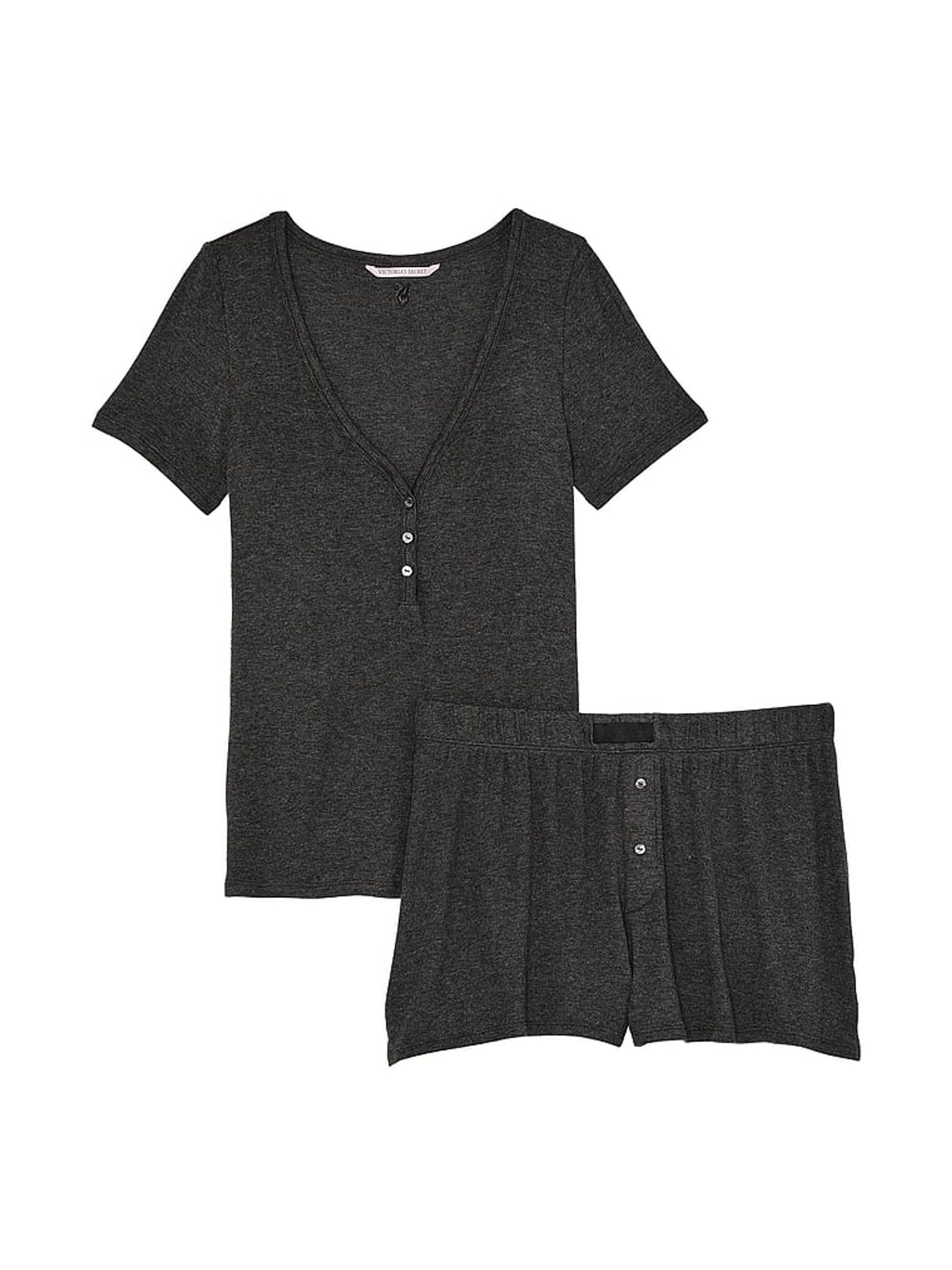 Heather Charcoal Grey Modal Rib Henley Short Sleeve Set - Image 3 of 3