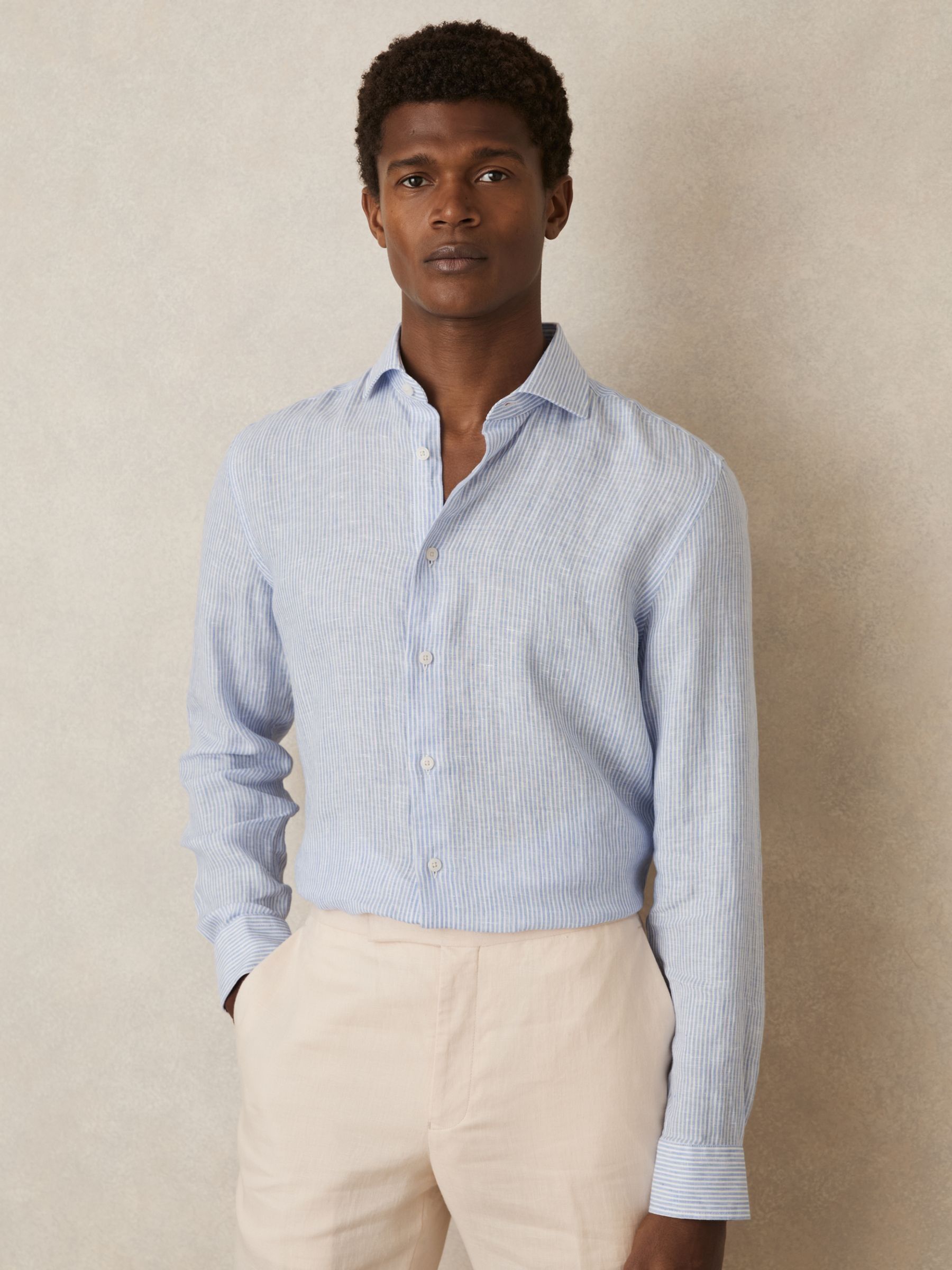 Linen Striped Cutaway-Collar Shirt in Soft Blue/White Fine Stripe - Image 4 of 8