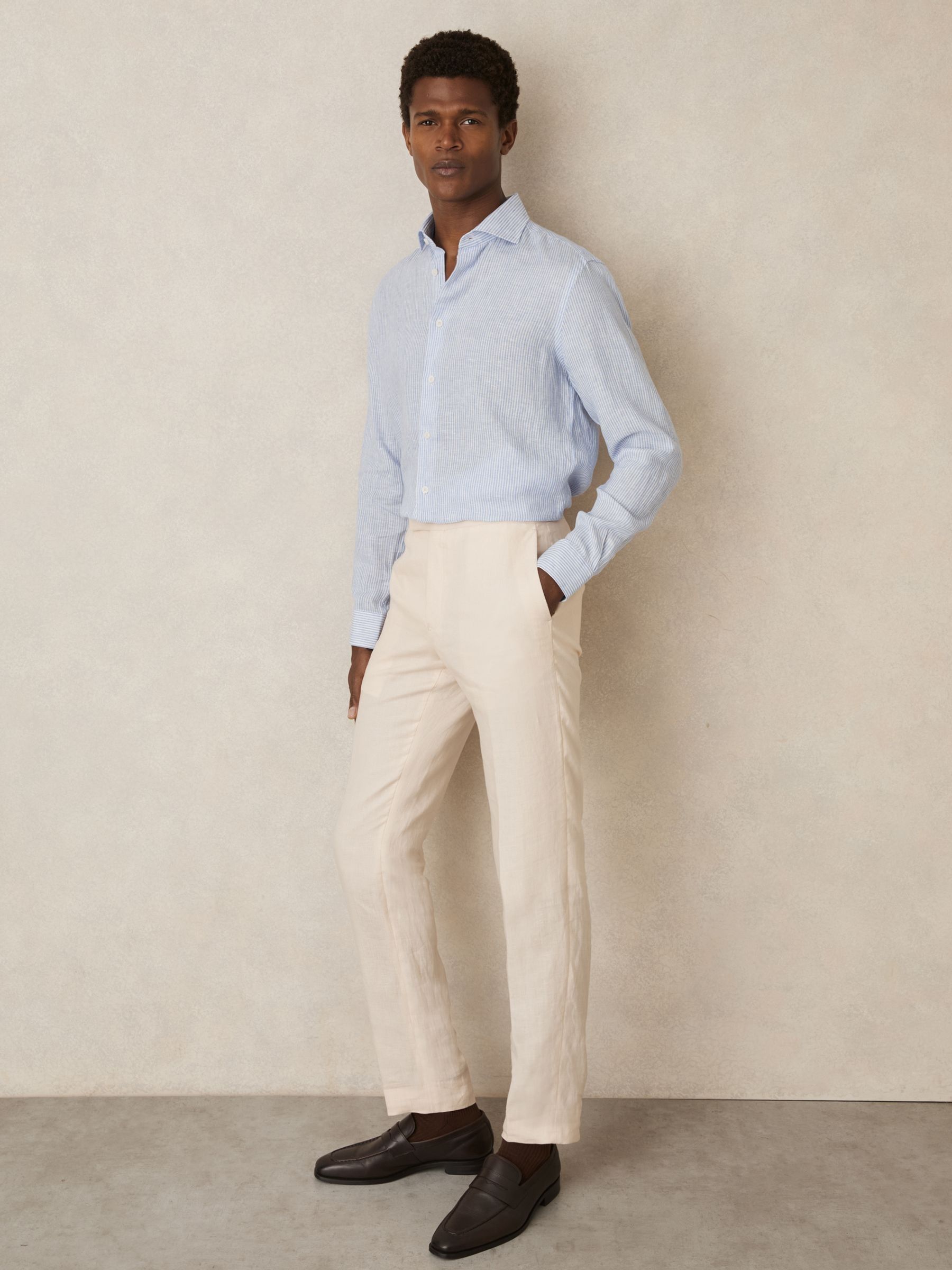 Linen Striped Cutaway-Collar Shirt in Soft Blue/White Fine Stripe - Image 5 of 8