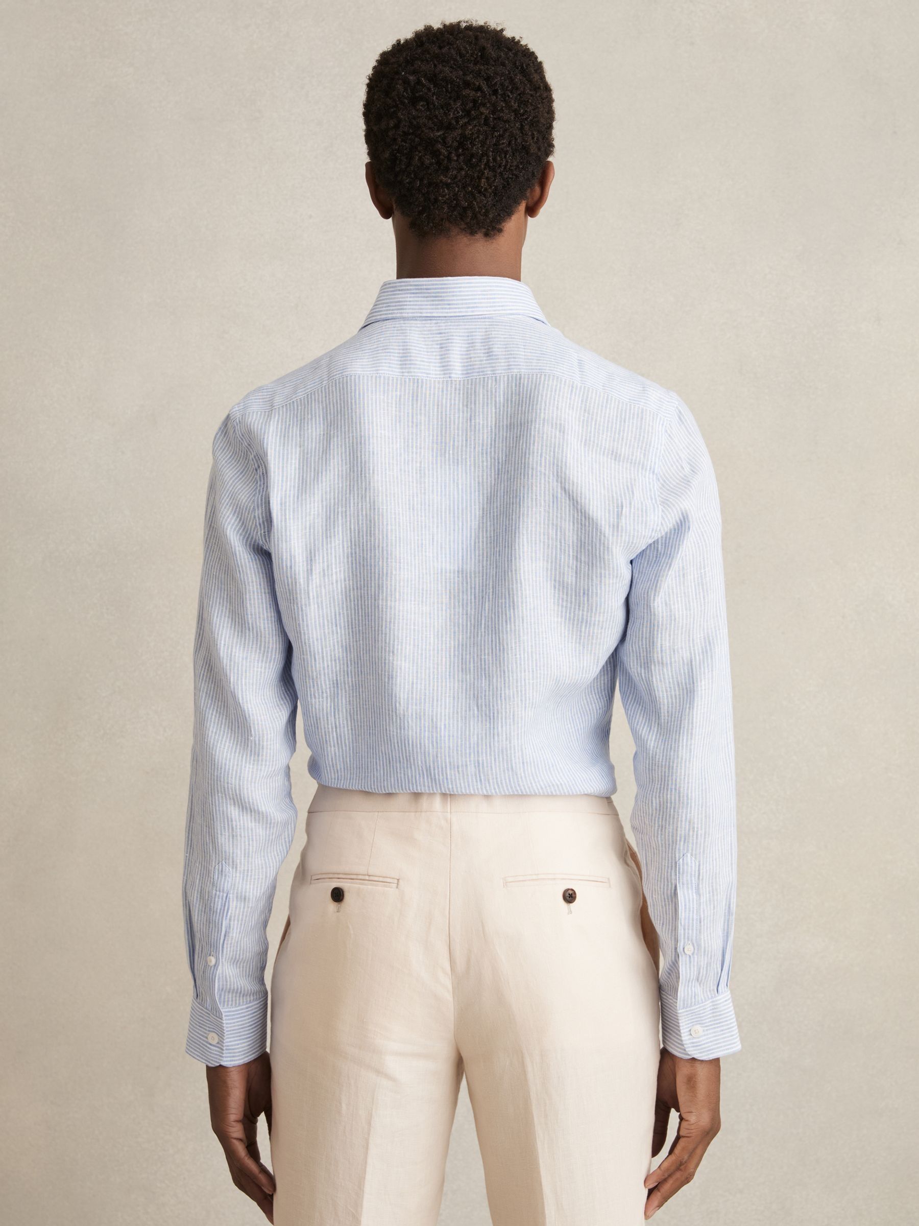 Linen Striped Cutaway-Collar Shirt in Soft Blue/White Fine Stripe - Image 6 of 8