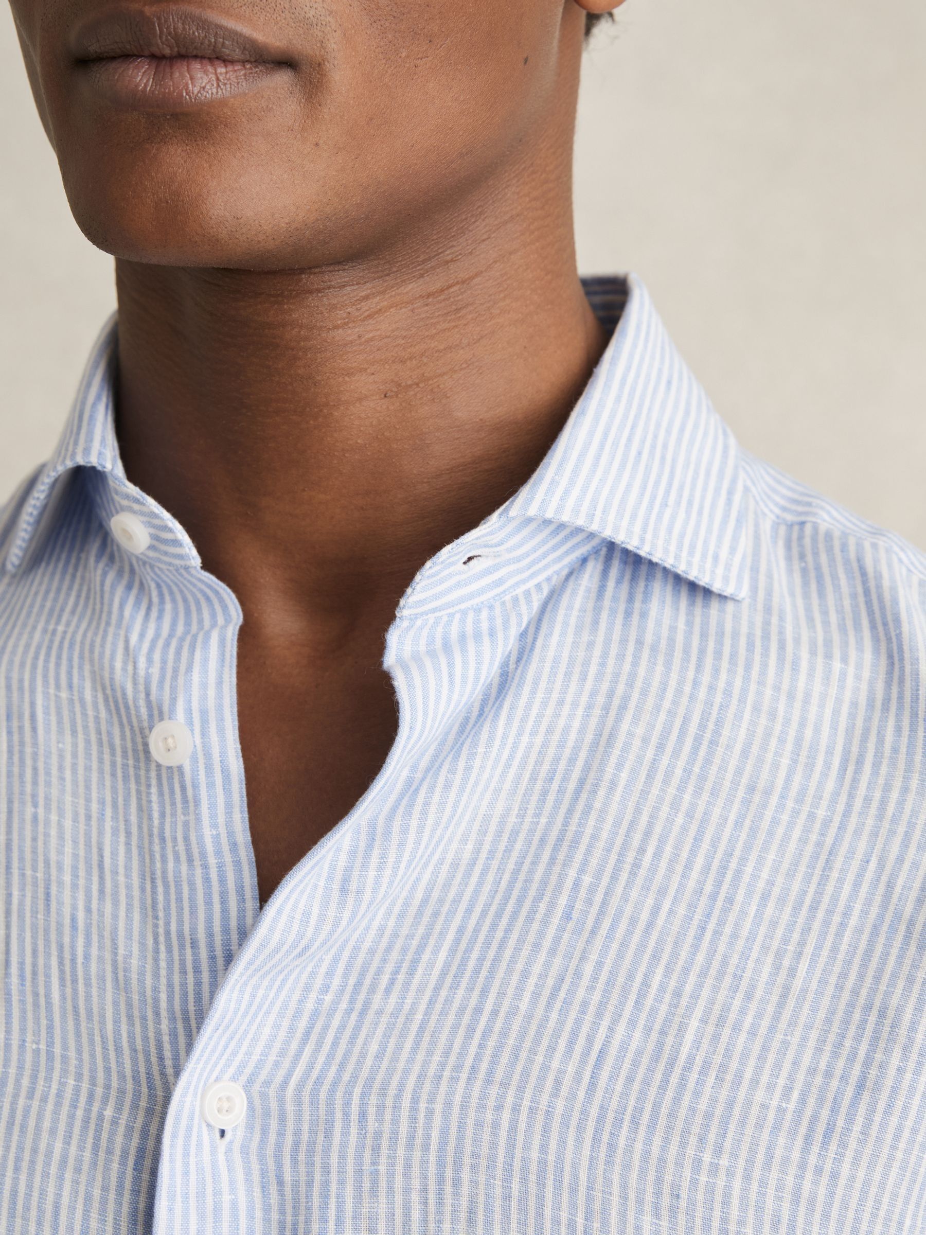 Linen Striped Cutaway-Collar Shirt in Soft Blue/White Fine Stripe - Image 7 of 8