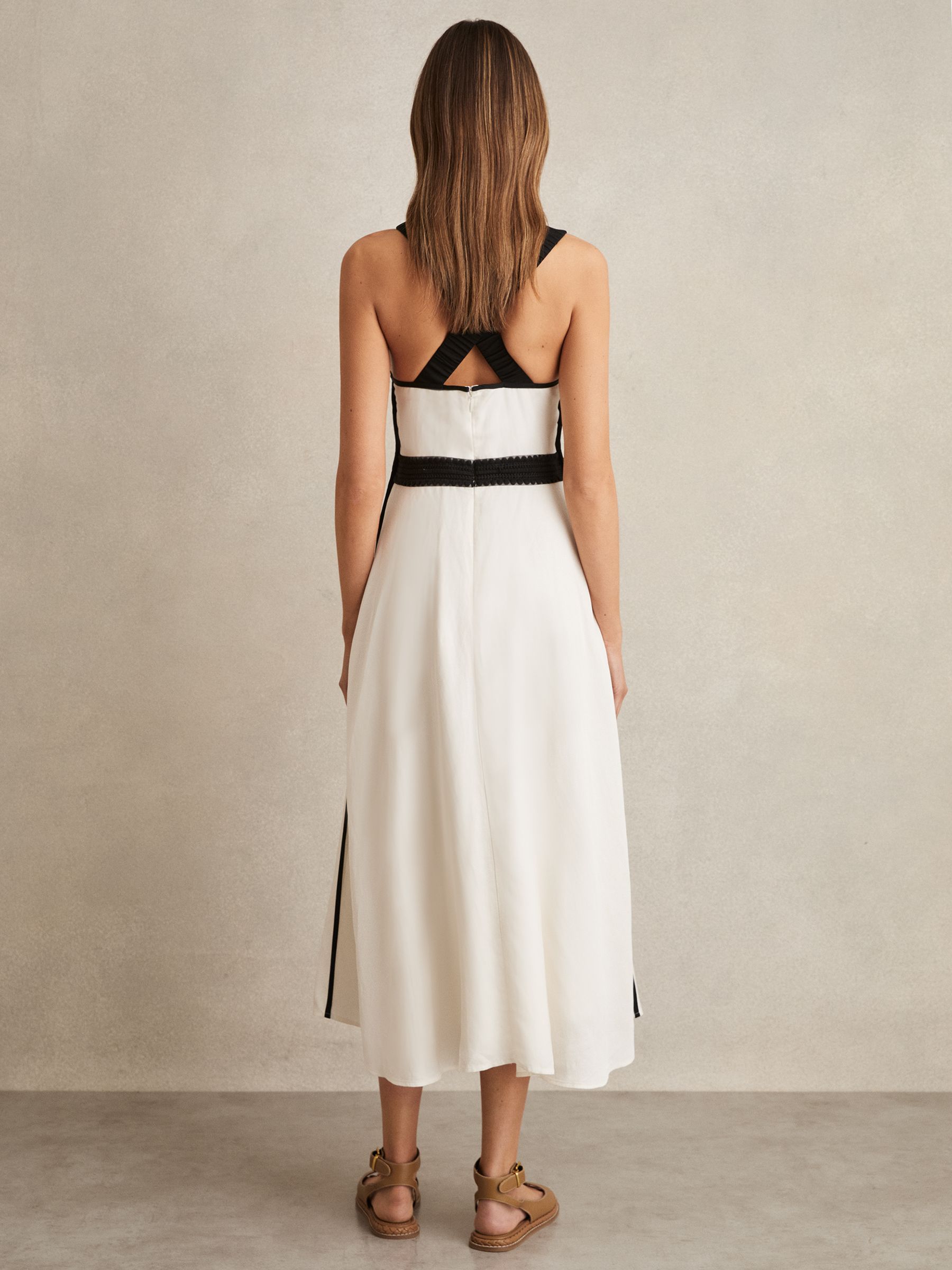 Contrast-Trim Flared Midi Dress With Linen in Ivory/Black - image 4