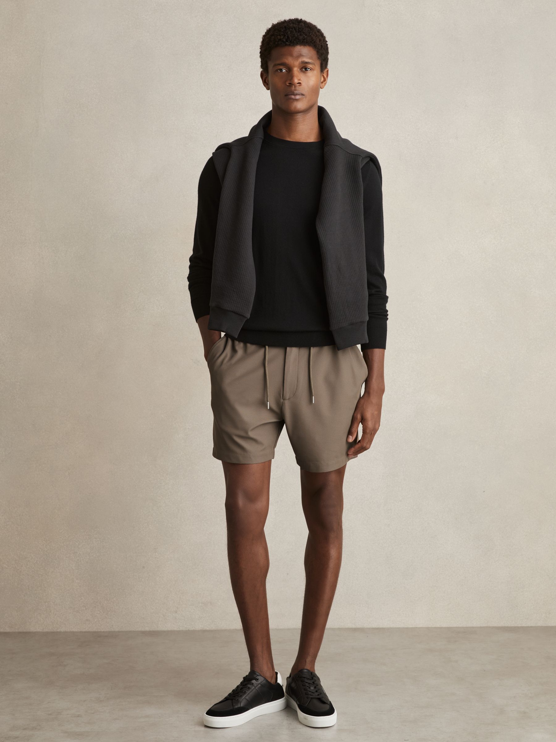 Textured Drawstring Shorts in Mocha Brown - Image 1 of 6