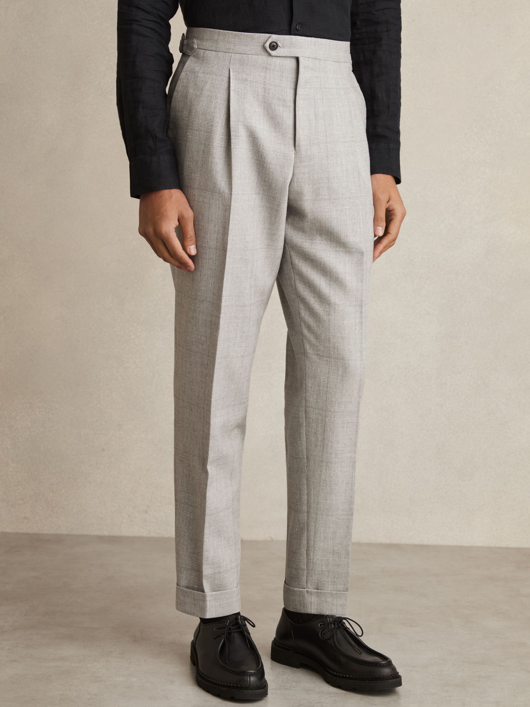 Wool-Linen Check Tapered Trousers in Soft Grey Melange - Image 3 of 7