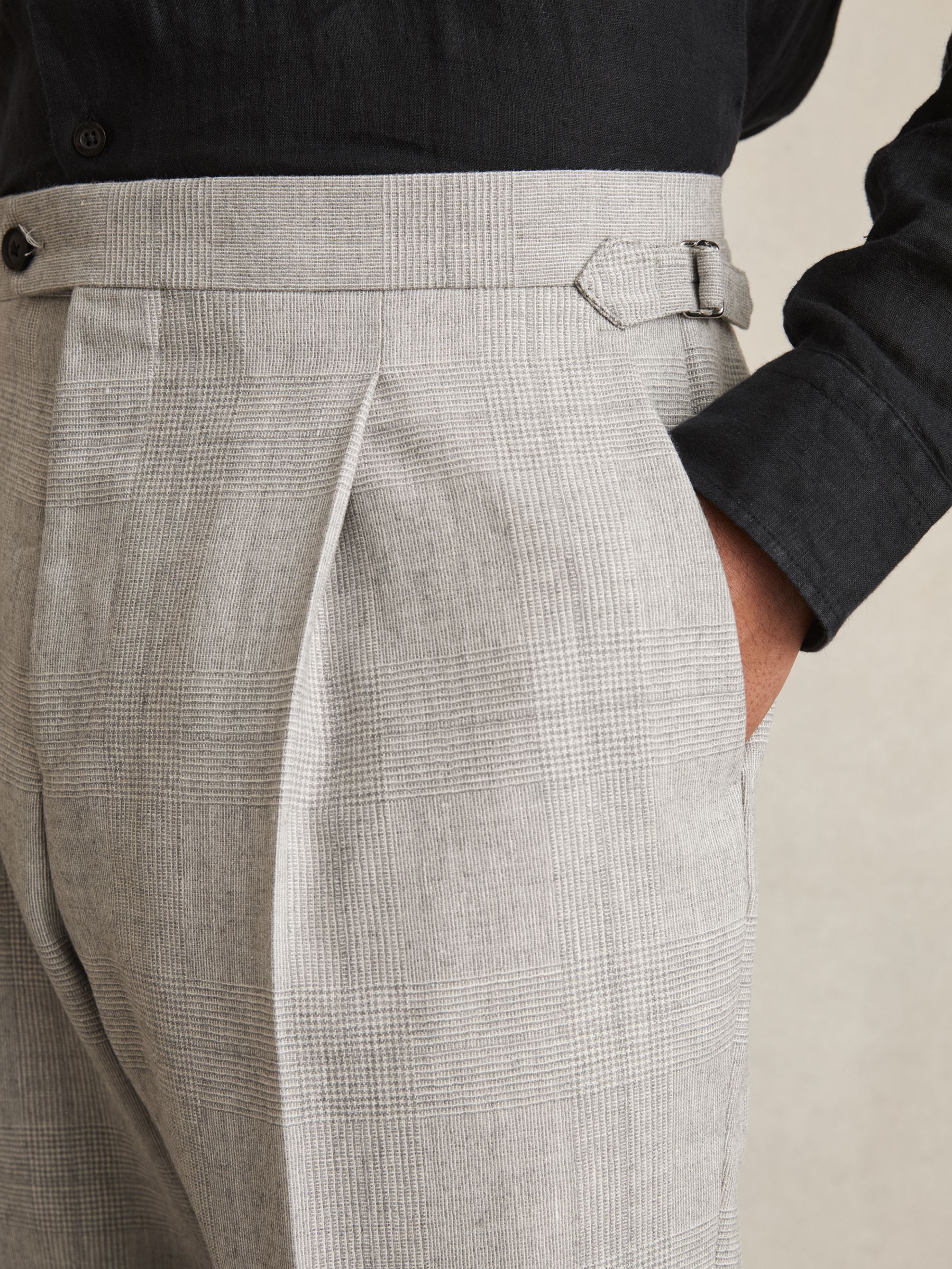 Wool-Linen Check Tapered Trousers in Soft Grey Melange - Image 5 of 7