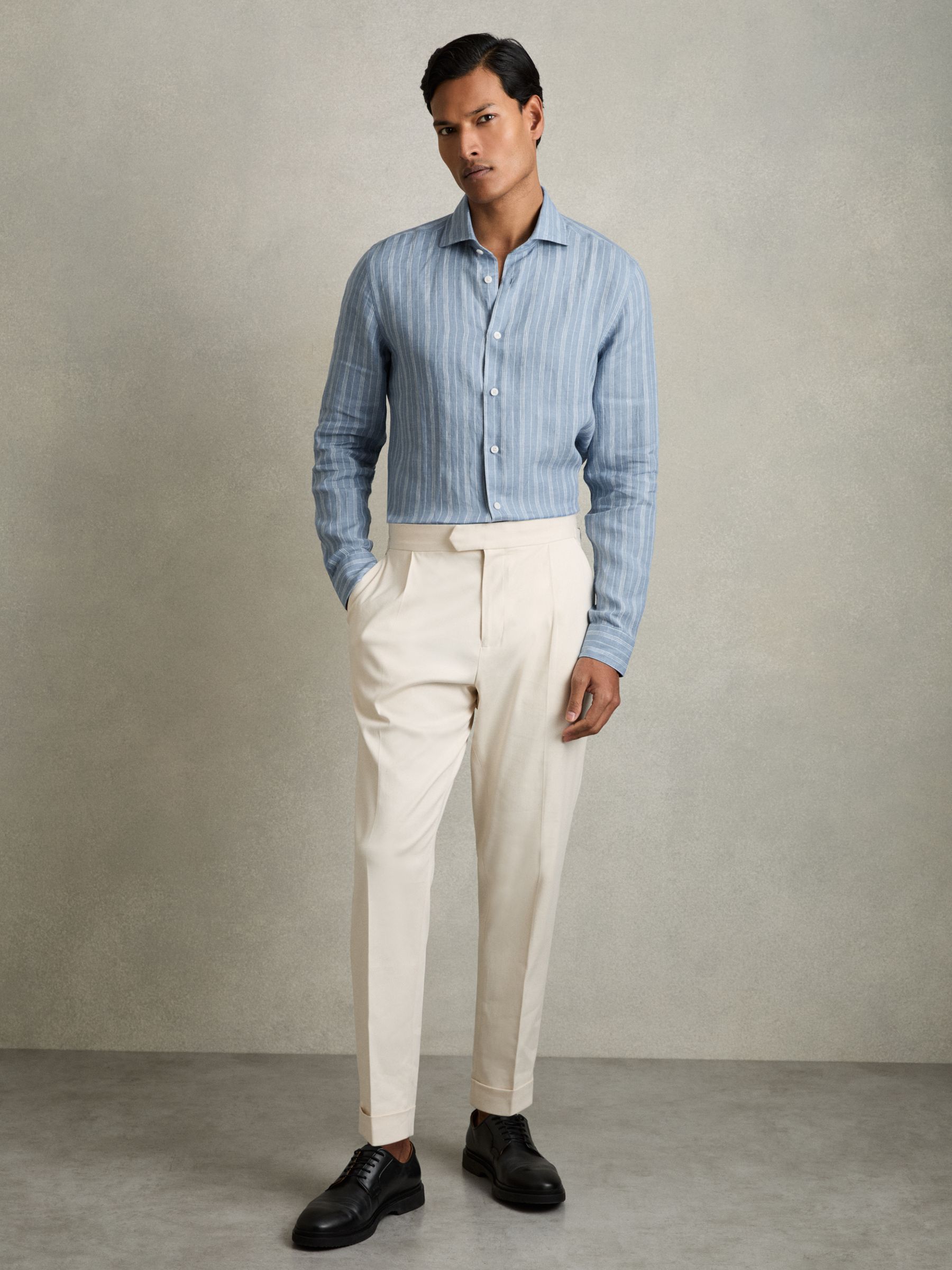 Linen Striped Long Sleeve Shirt in Airforce Blue/White Bengal Stripe - image 3