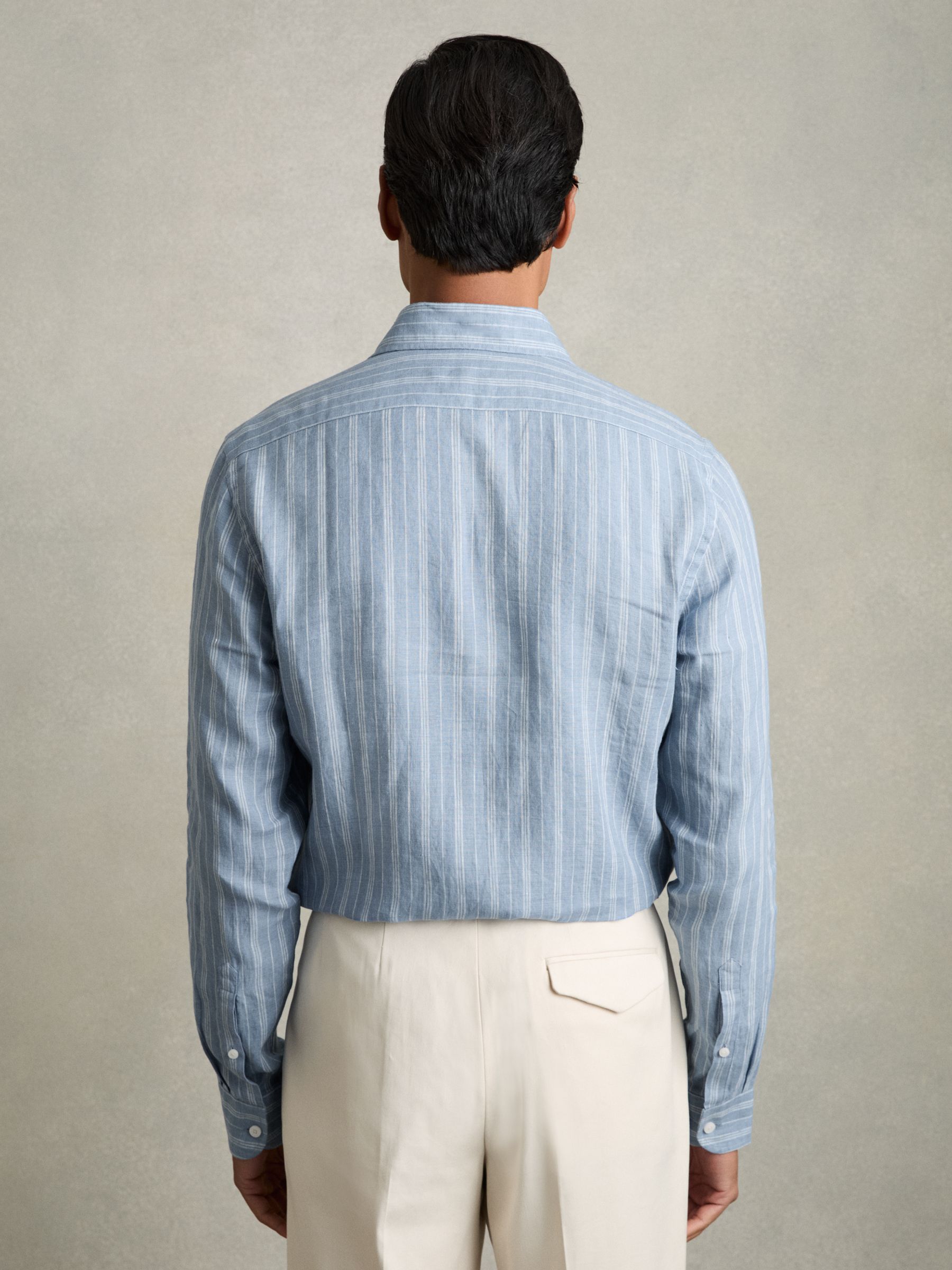 Linen Striped Cutaway-Collar Shirt in Airforce Blue/White Bengal Stripe - Image 5 of 7